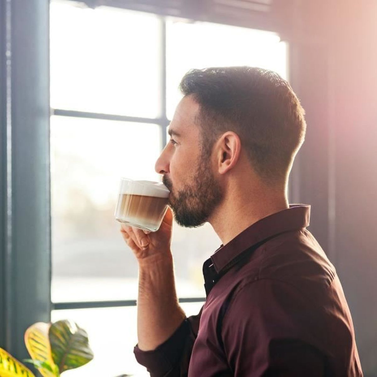 Mężczyzna pije kawę ze szklanki. Jest blisko okna. Rośliny są na pierwszym planie.