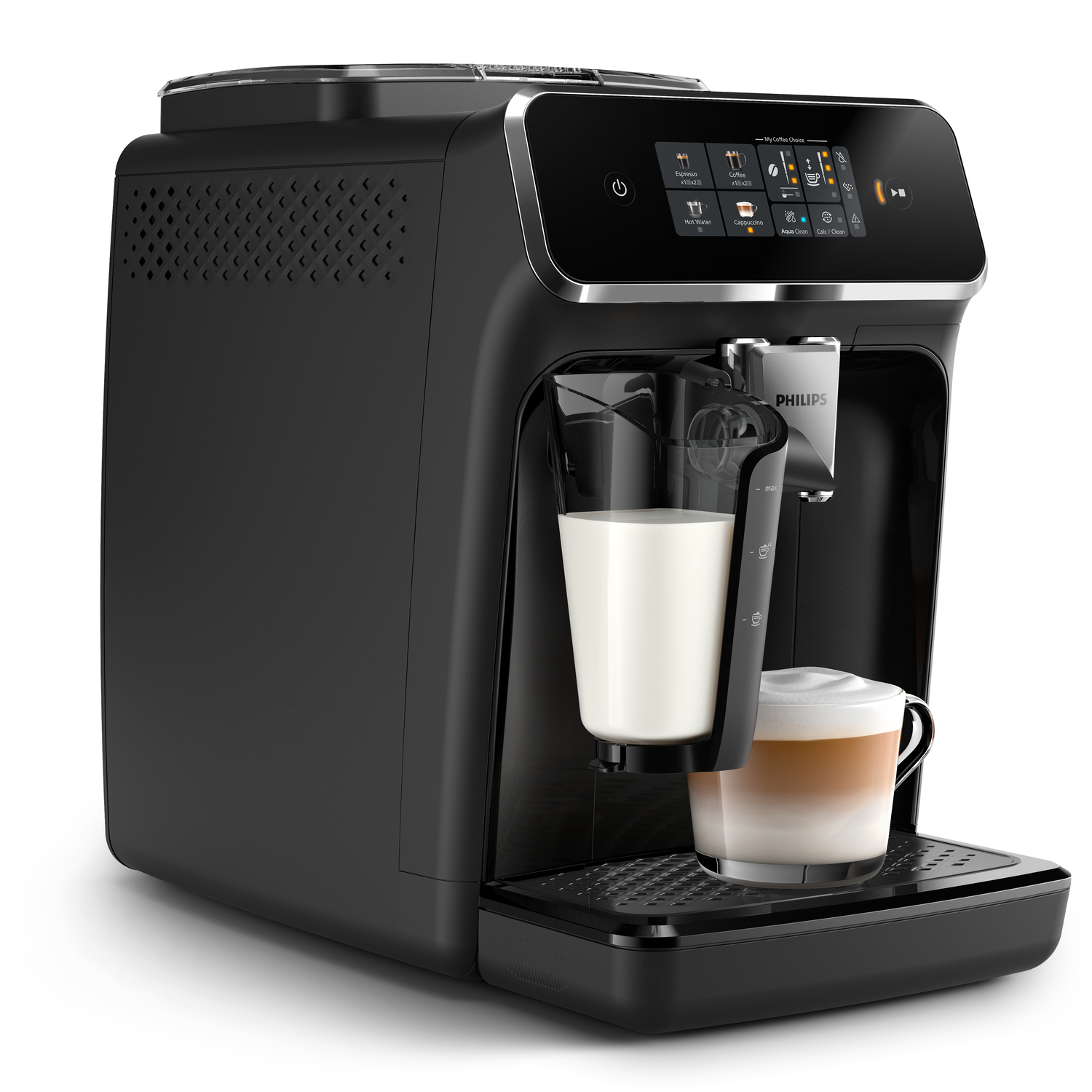 Macchina per caffè espresso nera con contenitore del latte e una tazza di latte. Sfondo bianco.