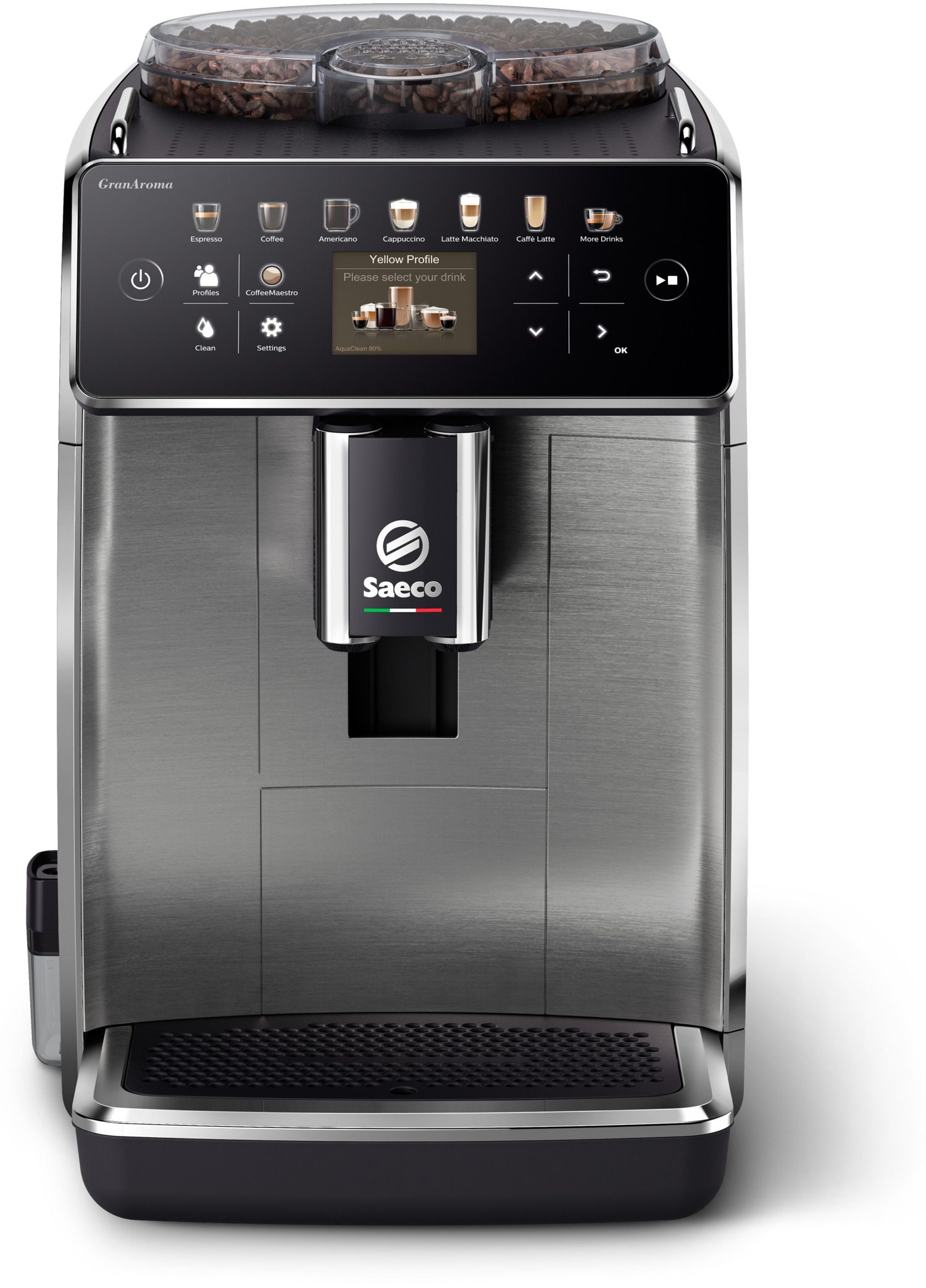 Eine silberne Saeco Kaffeemaschine. Ein Touchscreen-Display und ein Kaffeebohnenbehälter sind sichtbar.