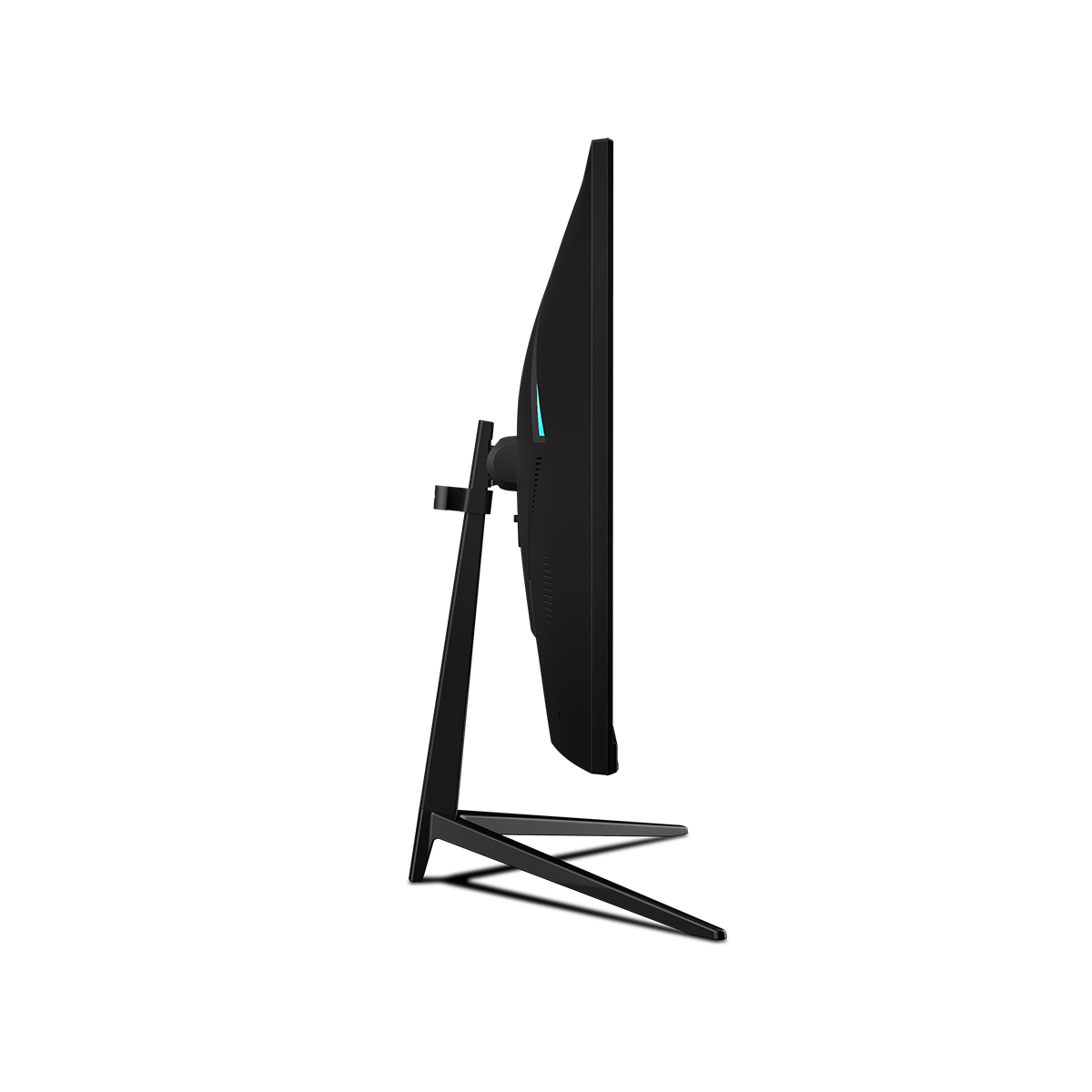 Widok z boku monitora, czarny, stojak, białe tło.