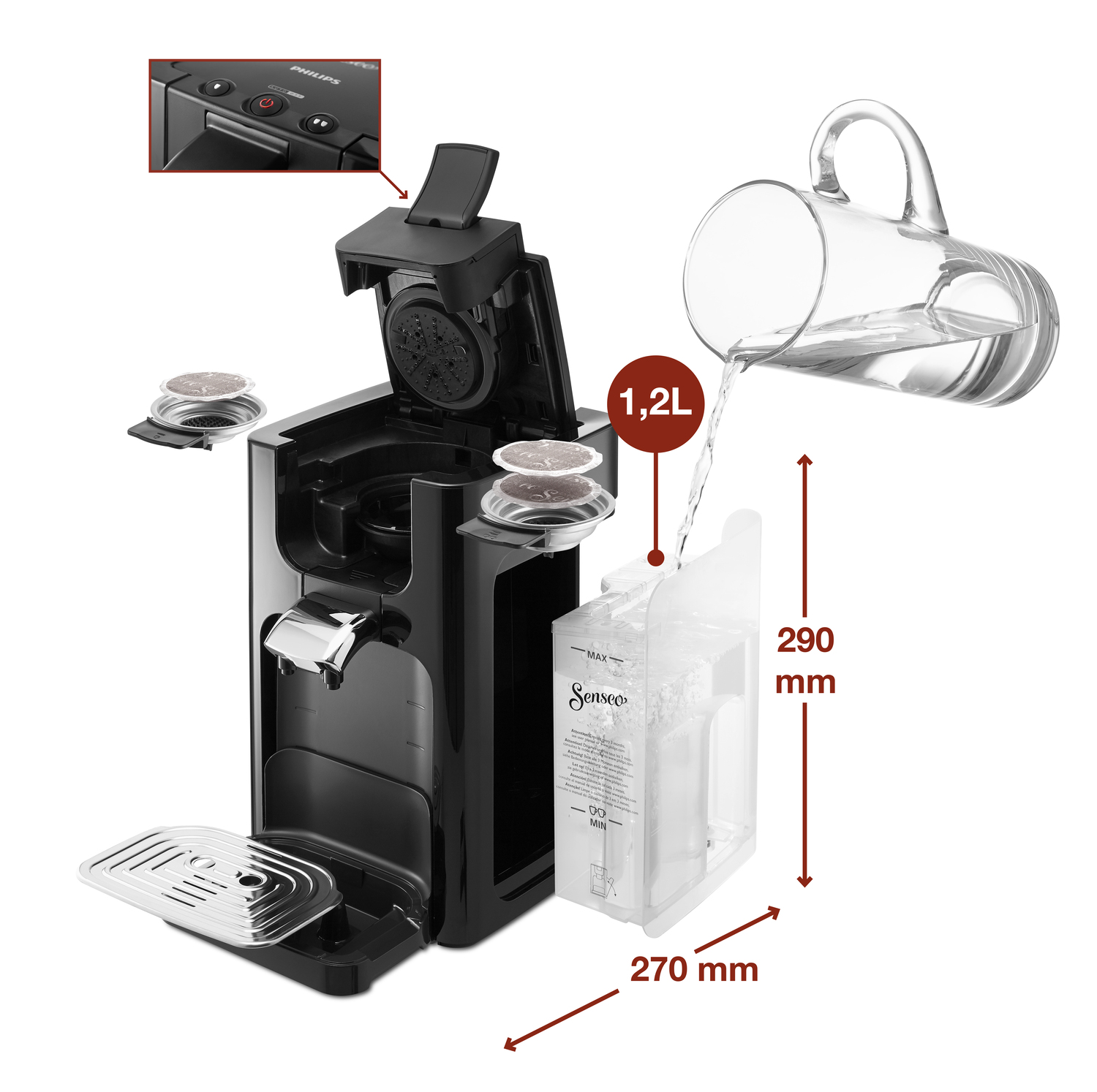 Cafetera negra con depósito de agua y soporte para cápsulas. Una jarra de agua vierte agua en el depósito. Dimensiones mostradas.