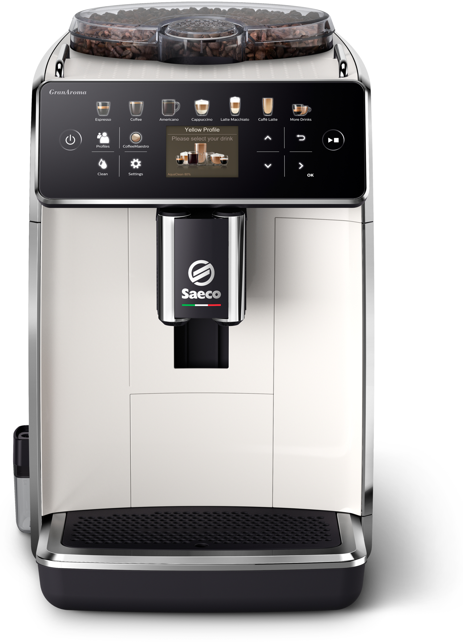 Máquina de espresso blanca y plateada con pantalla táctil y recipiente de granos.