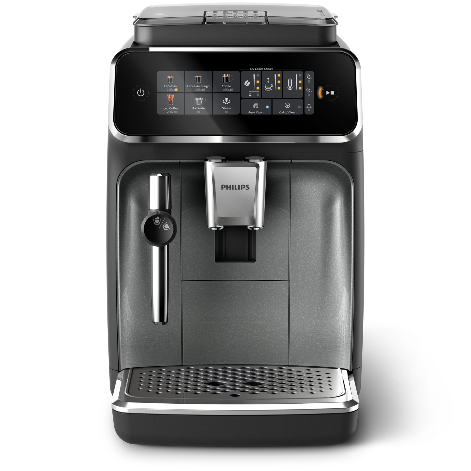 Schwarze Philips Espressomaschine mit verschiedenen Knöpfen und Display.
