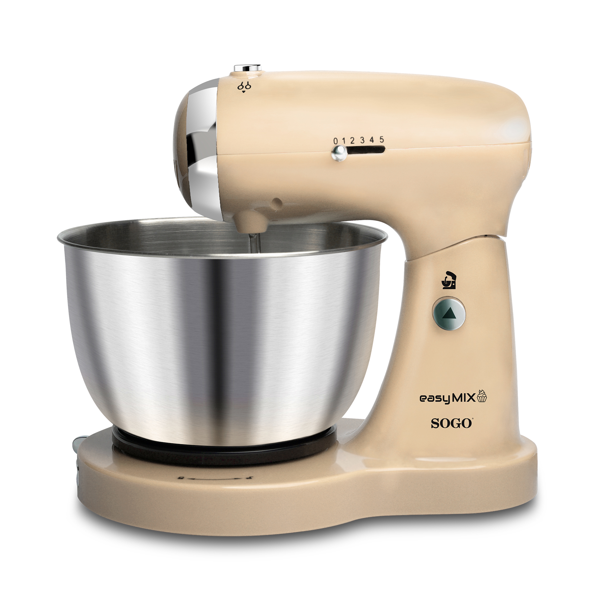 Una batidora de pie beige con un tazón de acero inoxidable. El mezclador tiene ajustes de 0-5.