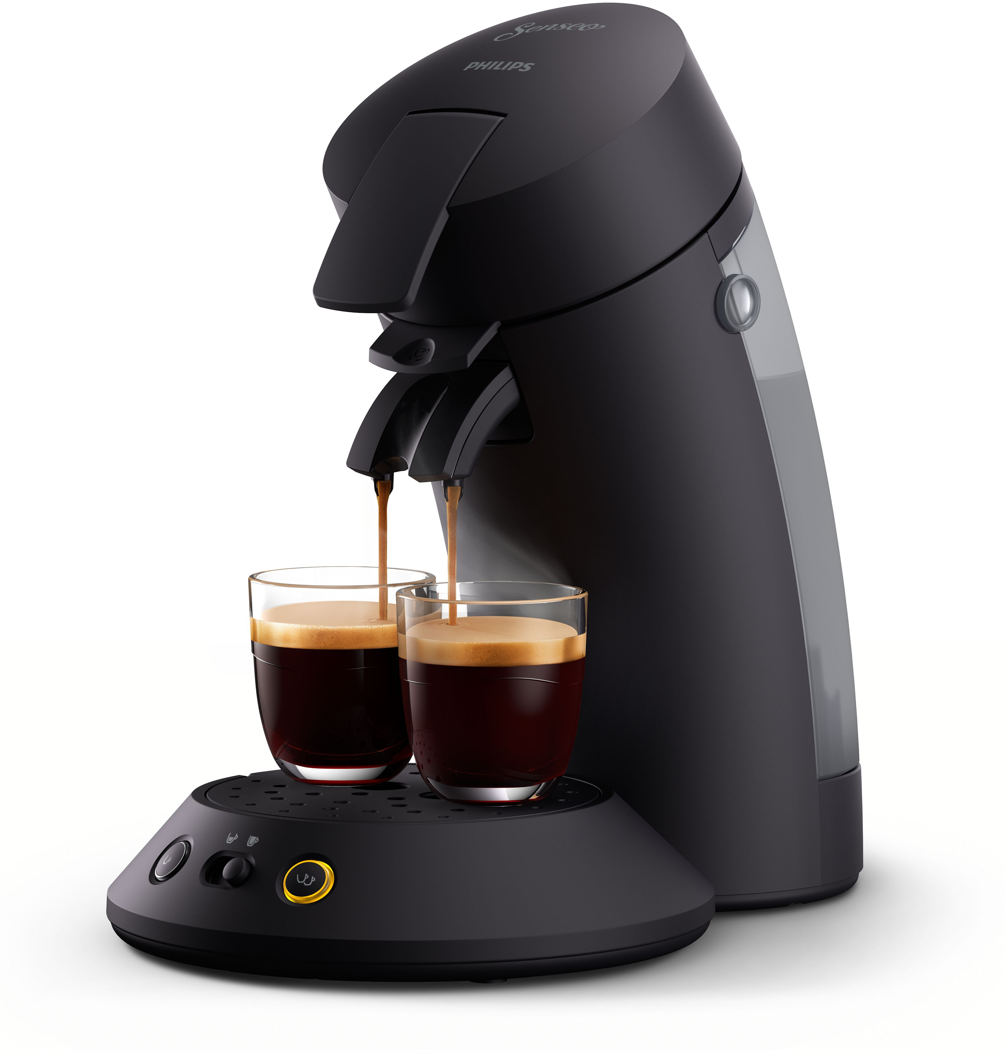 Eine schwarze Philips Senseo Kaffeemaschine brüht Kaffee in zwei Gläser.