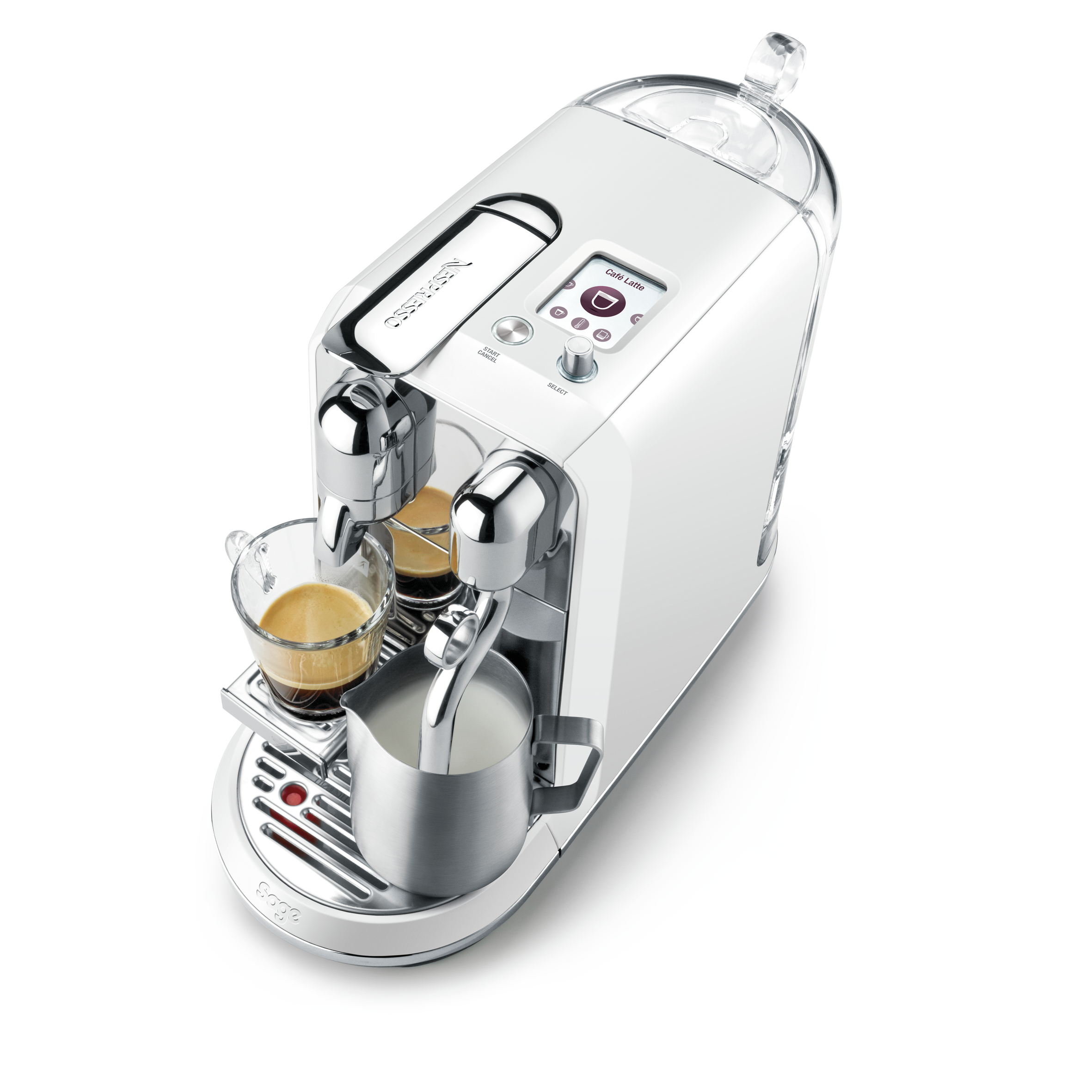 Weiße Kaffeemaschine mit zwei Tassen Espresso und einem Milchaufschäumer.