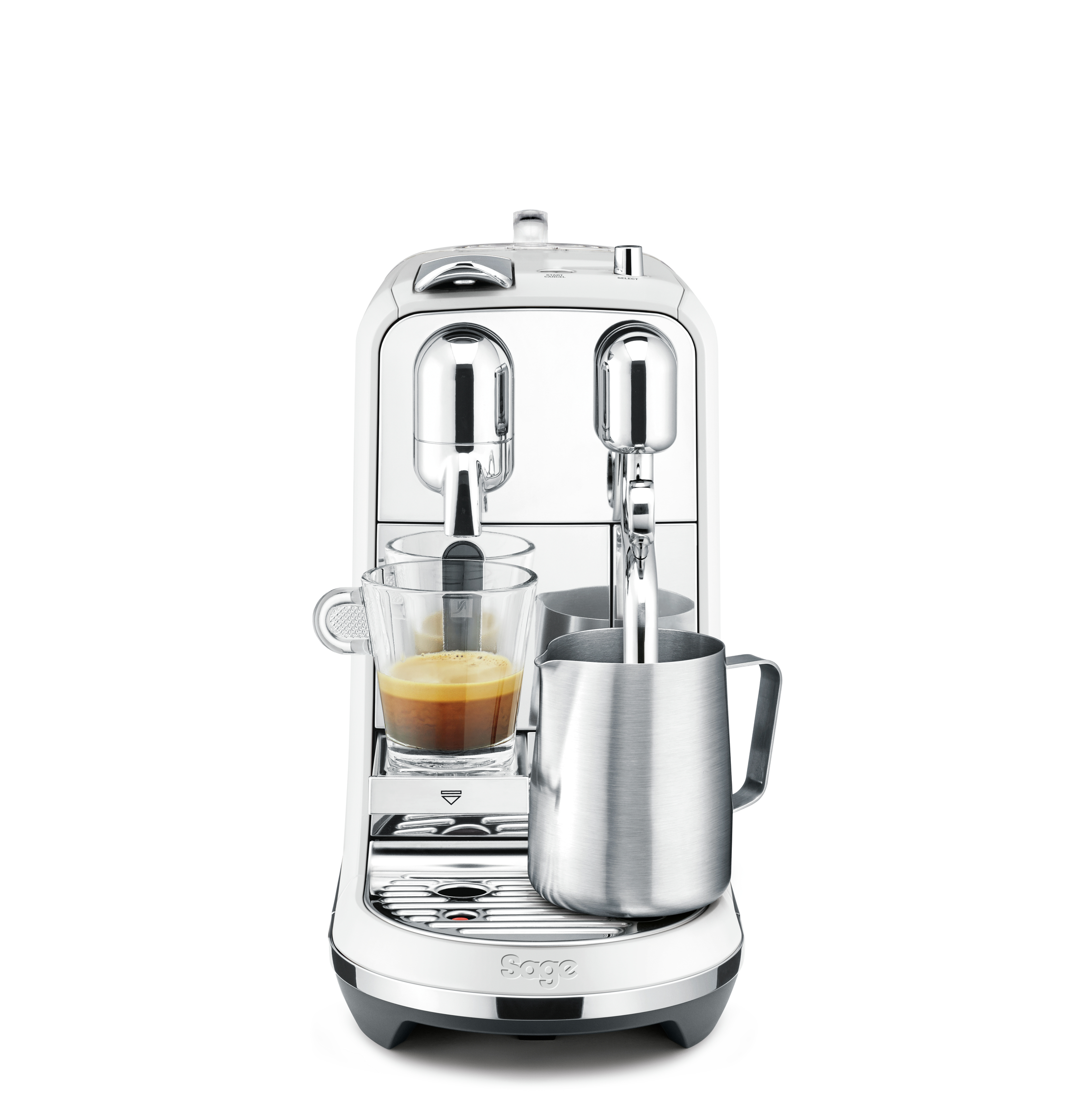 Eine weiße Espressomaschine mit einer Tasse und einem Krug.