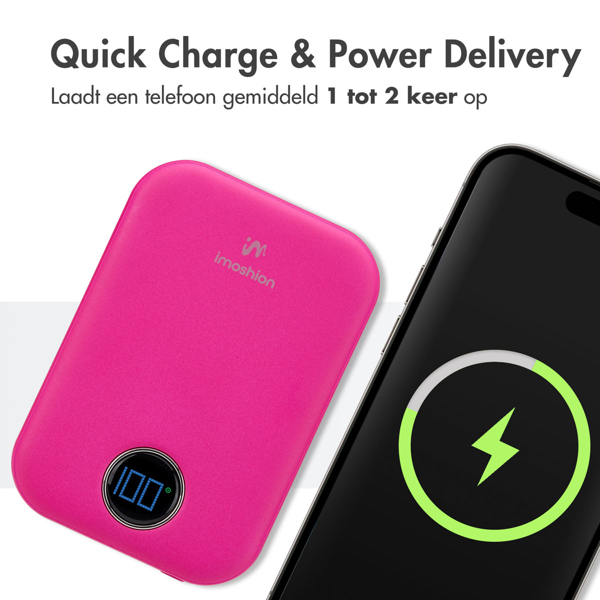Rosa Powerbank neben einem ladenden Telefon, das ein Ladesymbol zeigt.