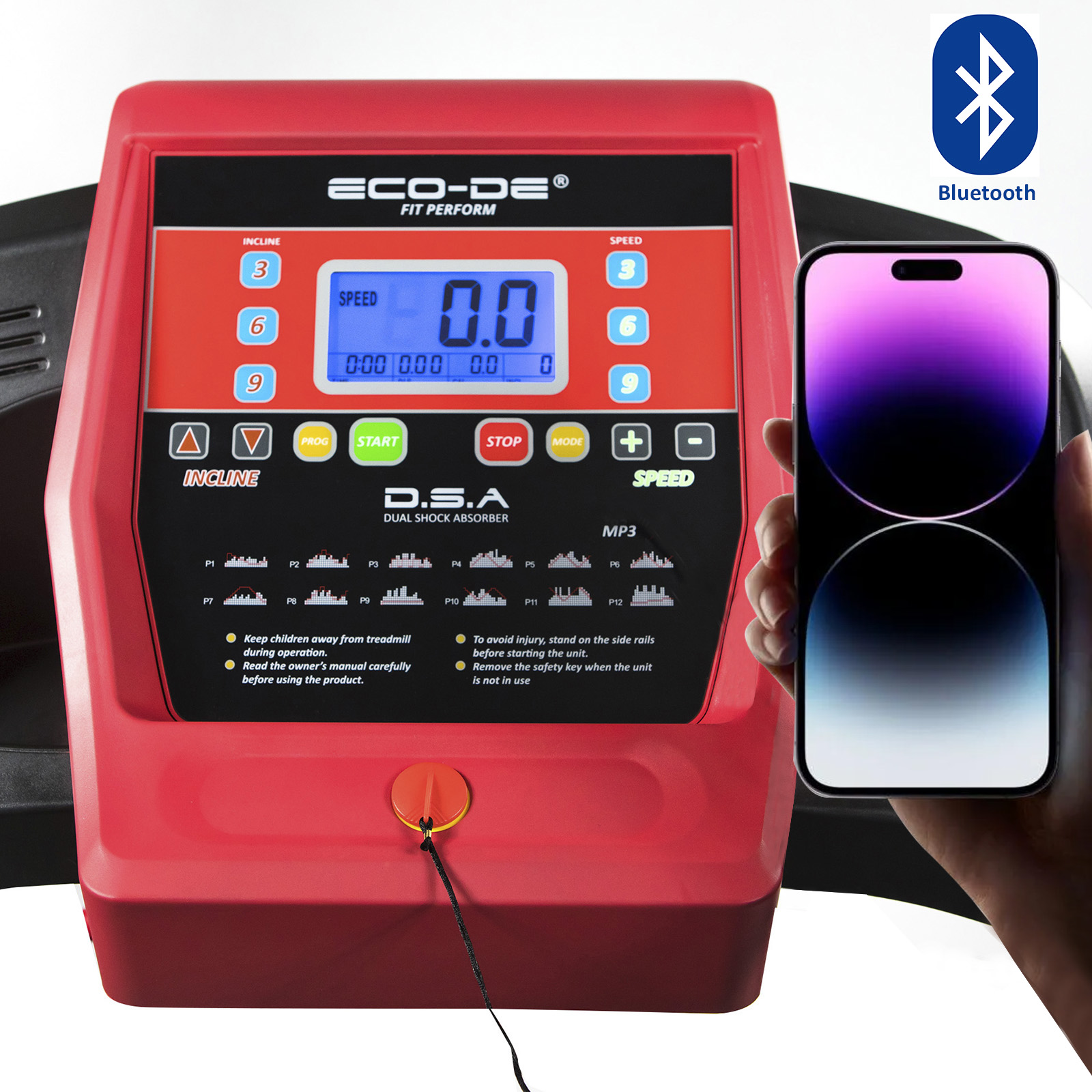 Panel de control de cinta de correr con teléfono. El panel es rojo y muestra la velocidad.