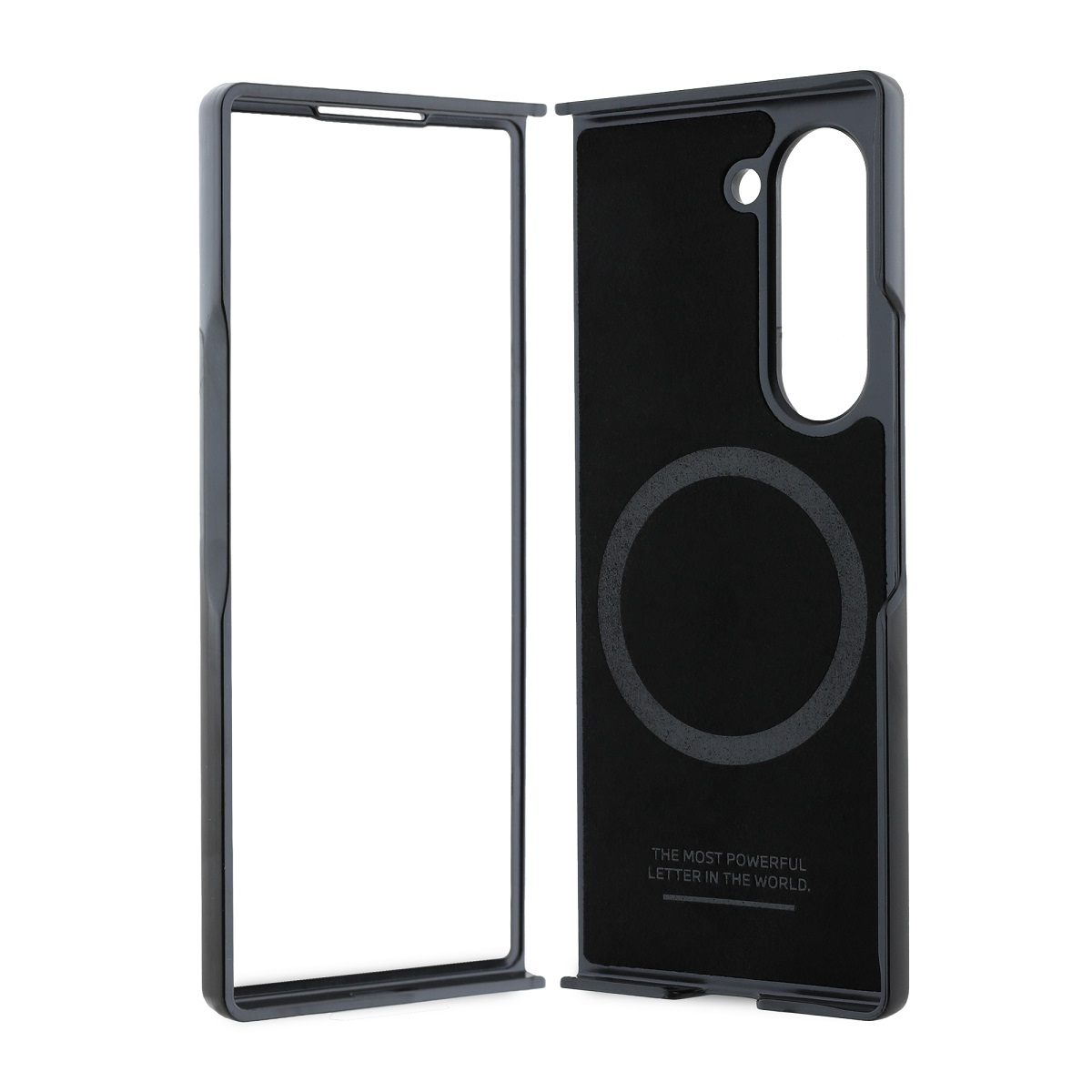 Custodia per telefono nera con anello magnetico e la scritta "THE MOST POWERFUL LETTER".
