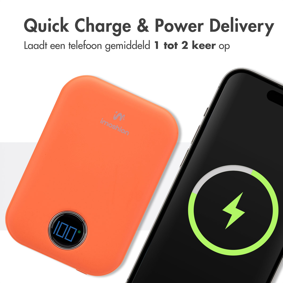Une batterie externe orange rechargeant un téléphone, avec une icône de chargement sur l'écran.