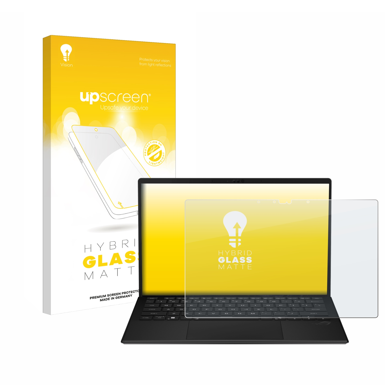 Laptop mit Displayschutz, Box mit Text. Beide sind weiß und gelb.