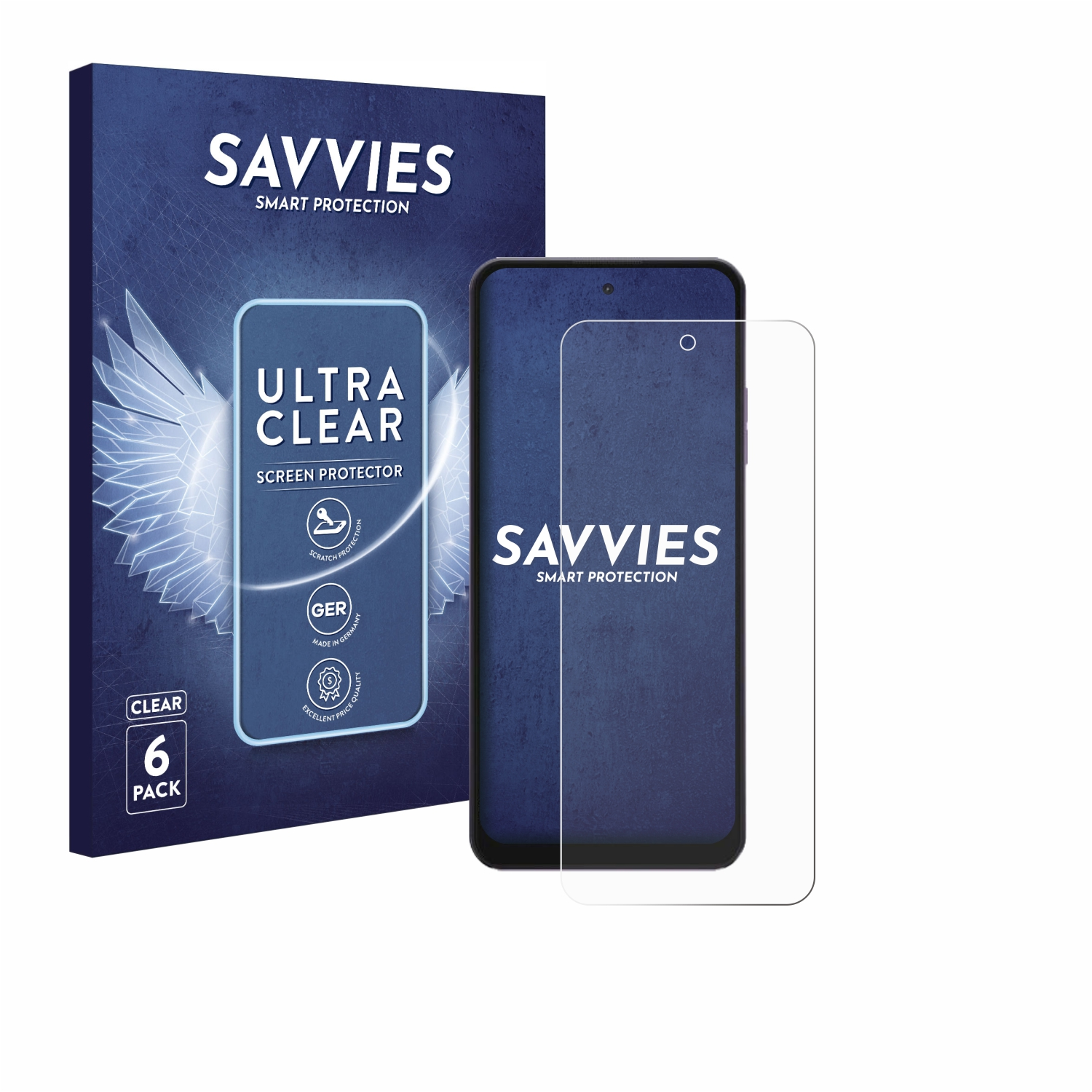 Ein Telefon mit Displayschutzfolie und einer Schachtel. Die Schachtel hat weiße Flügel und sagt klarer Displayschutz.