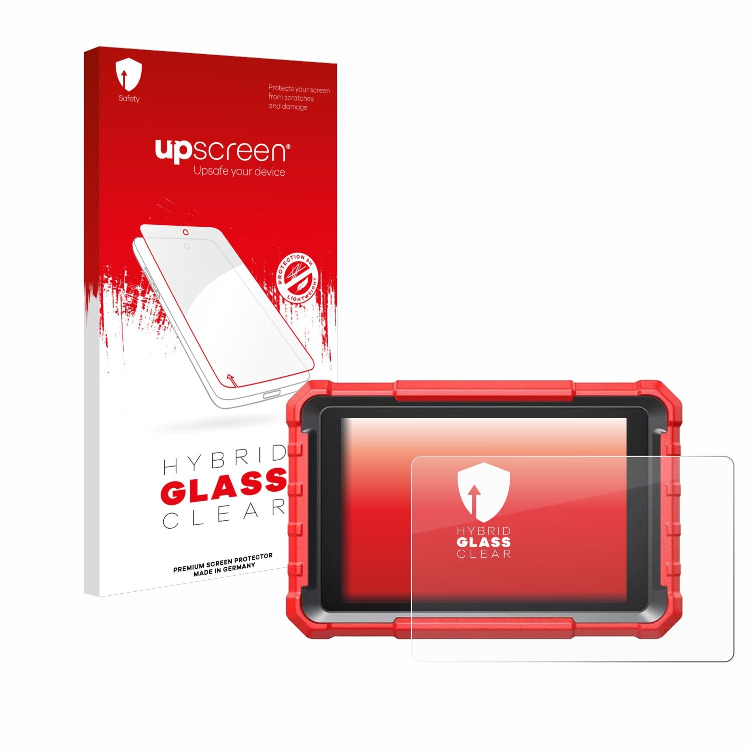 Tablet mit rotem Rahmen und Displayschutz, upscreeen Box.