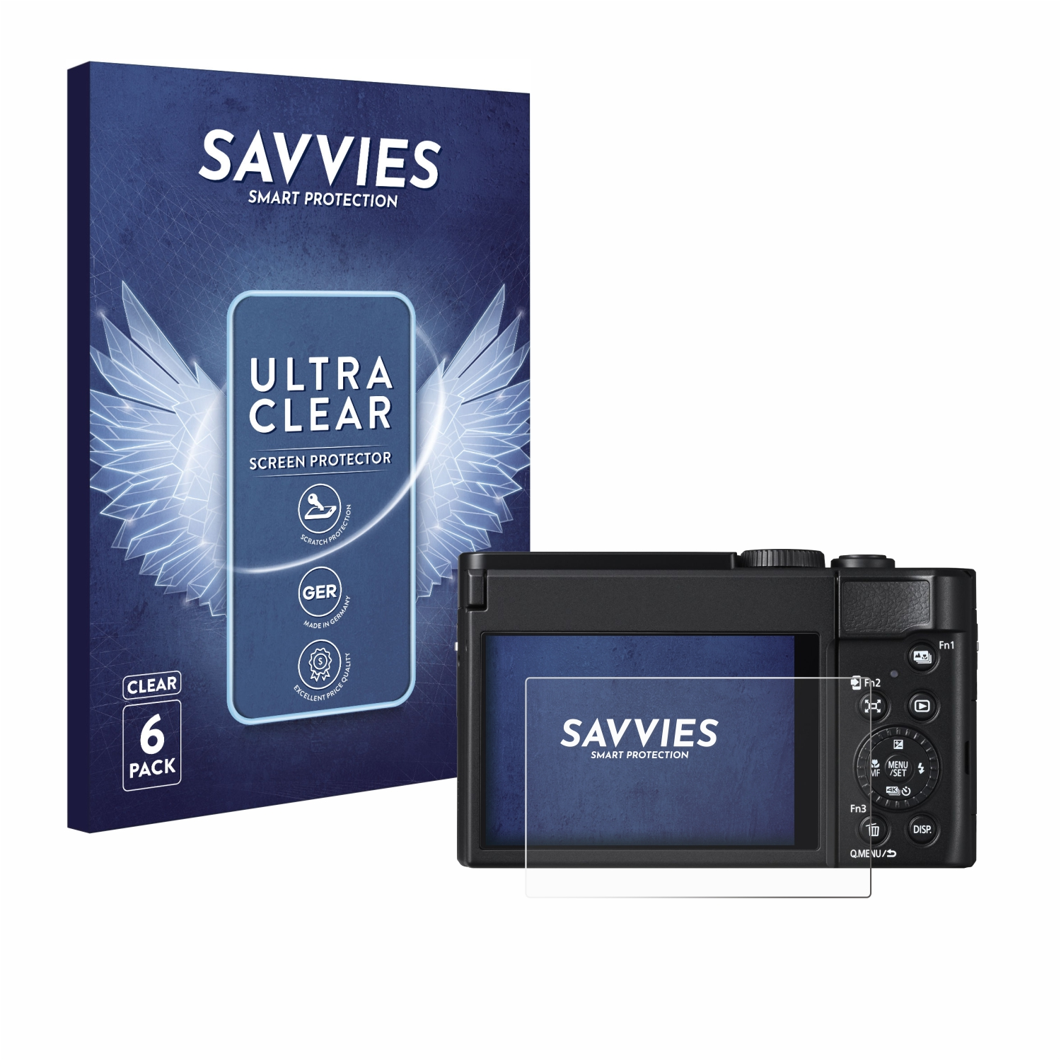 Ein Kamera-Displayschutz und eine Schachtel. Die Schachtel ist blau mit dem Markennamen SAVVIES.