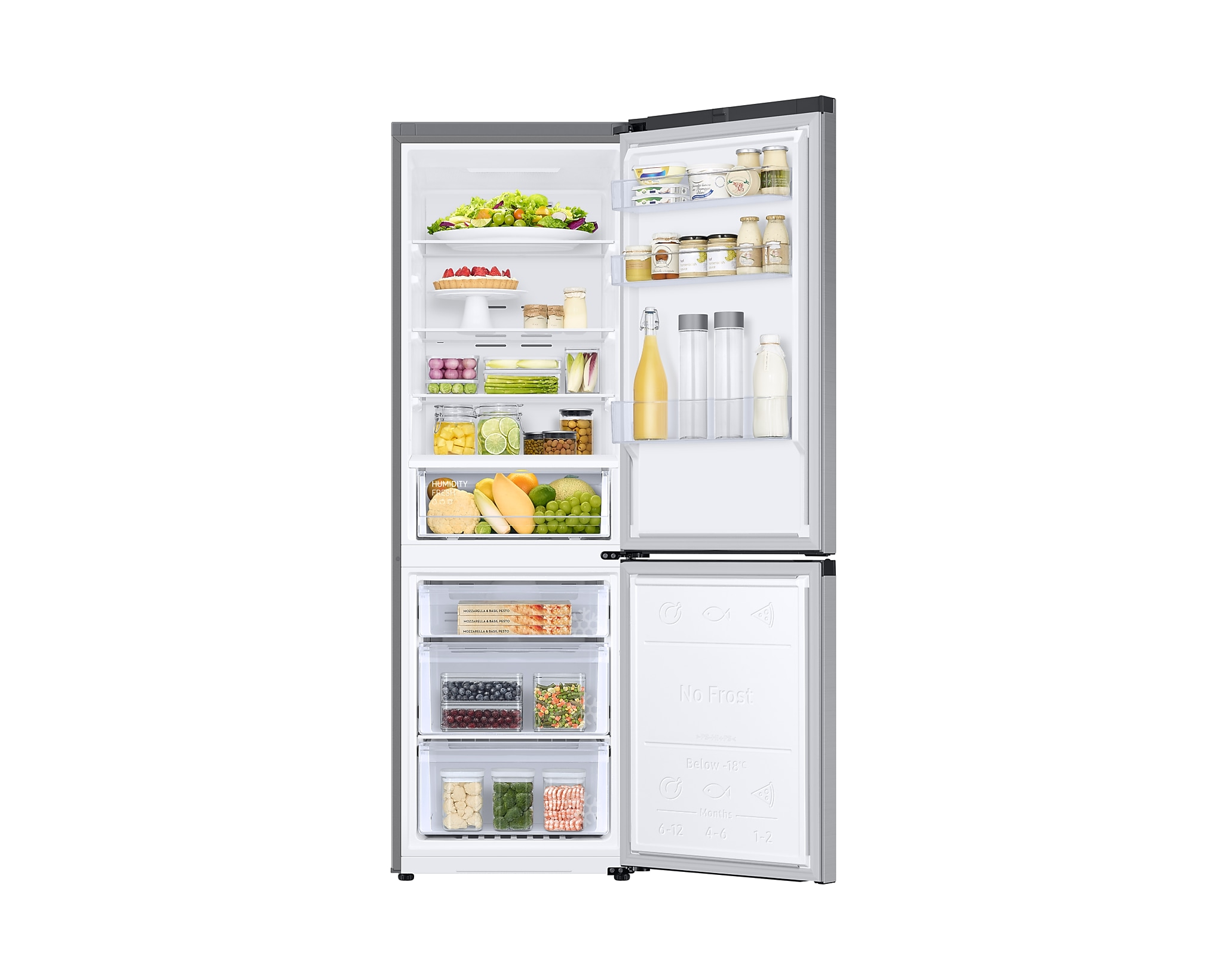 A refrigerator with the doors open, full of food items.