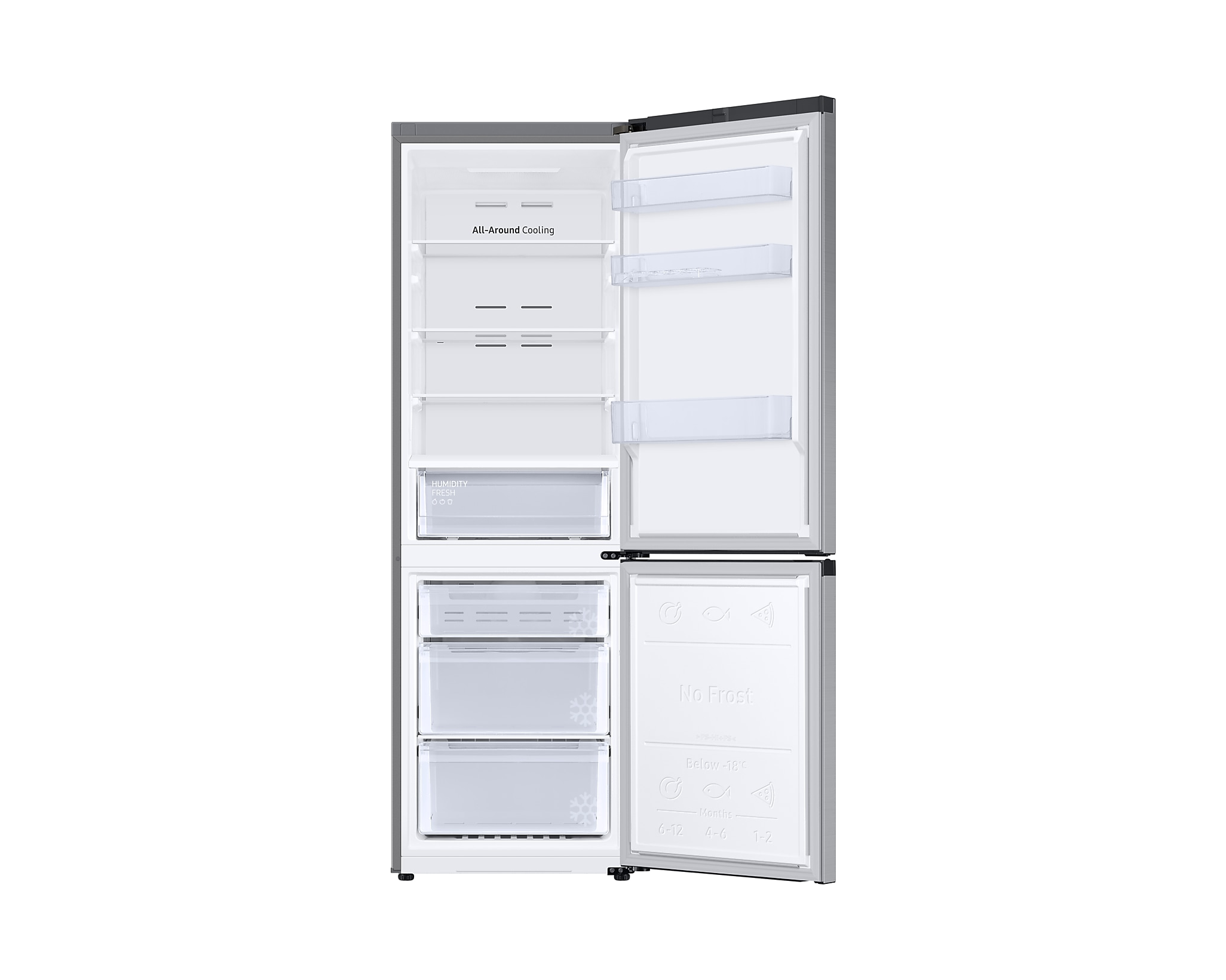 An open silver refrigerator with the interior visible, including shelves and drawers.