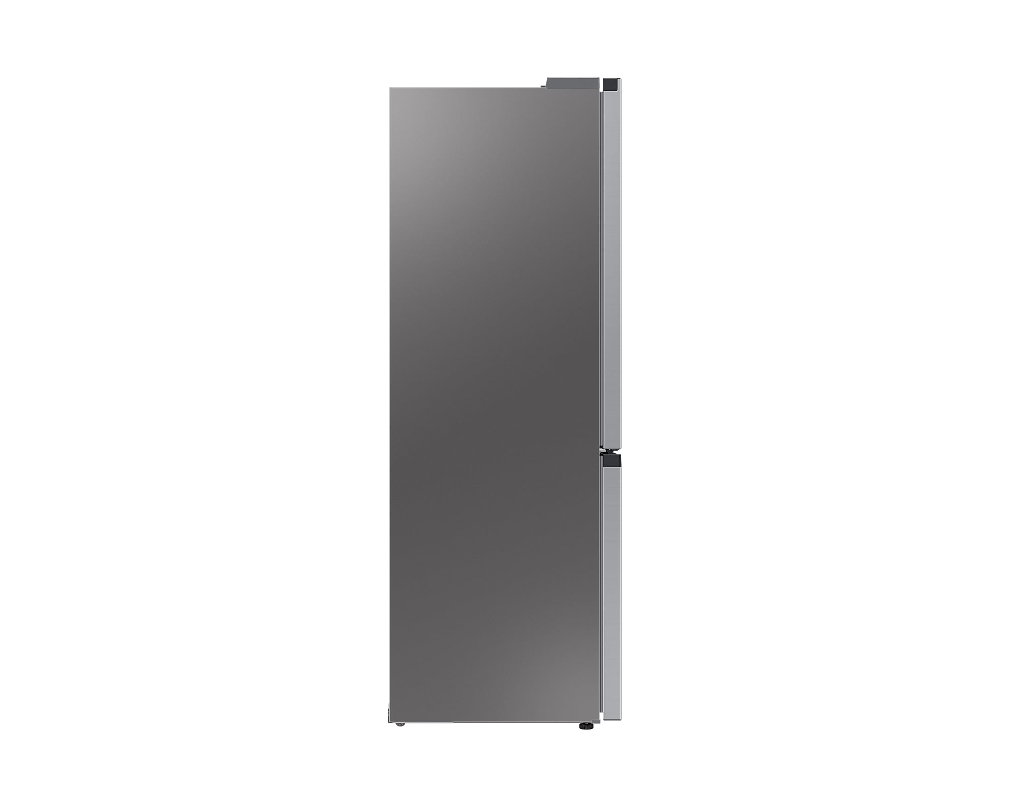 Silver refrigerator, side view, white background.