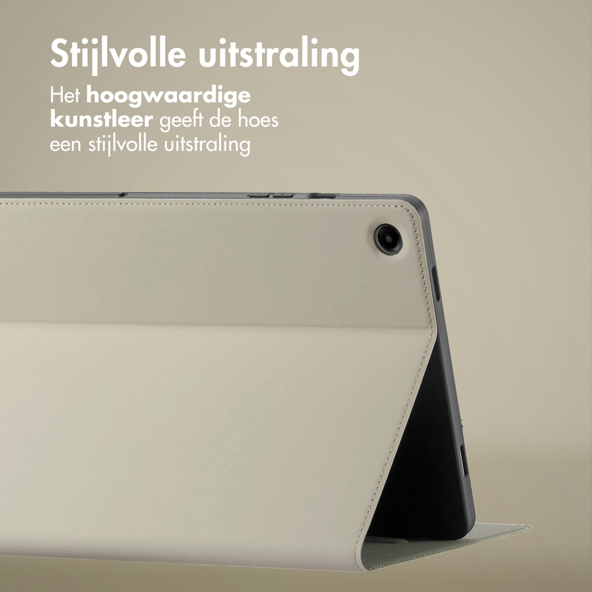 A tablet case with a stylish look, featuring a light-colored exterior and a black interior.