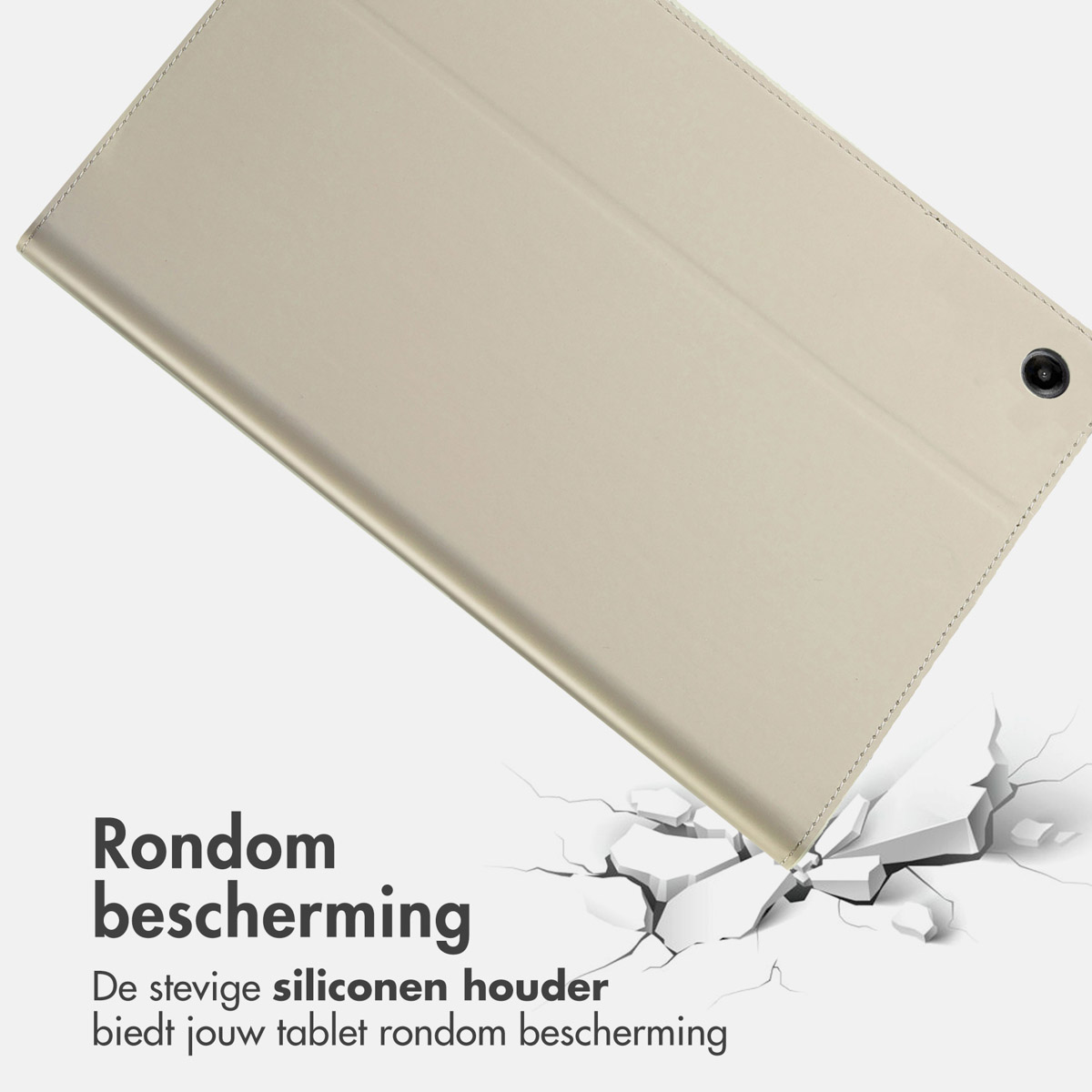 Beige tablet case with silicone holder, cracked ground.