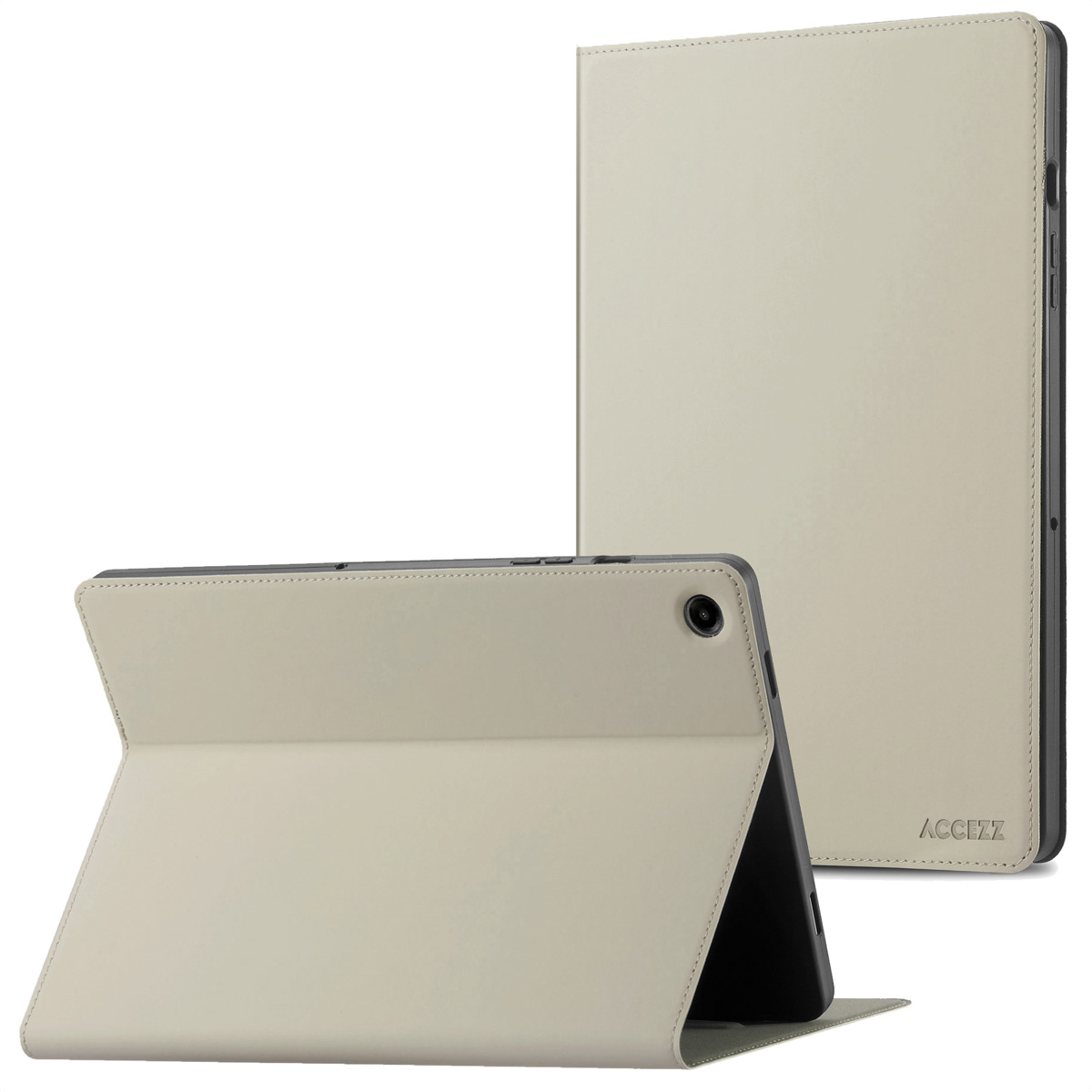 A light cream-colored tablet case, opened to display the tablet, on a white backdrop.