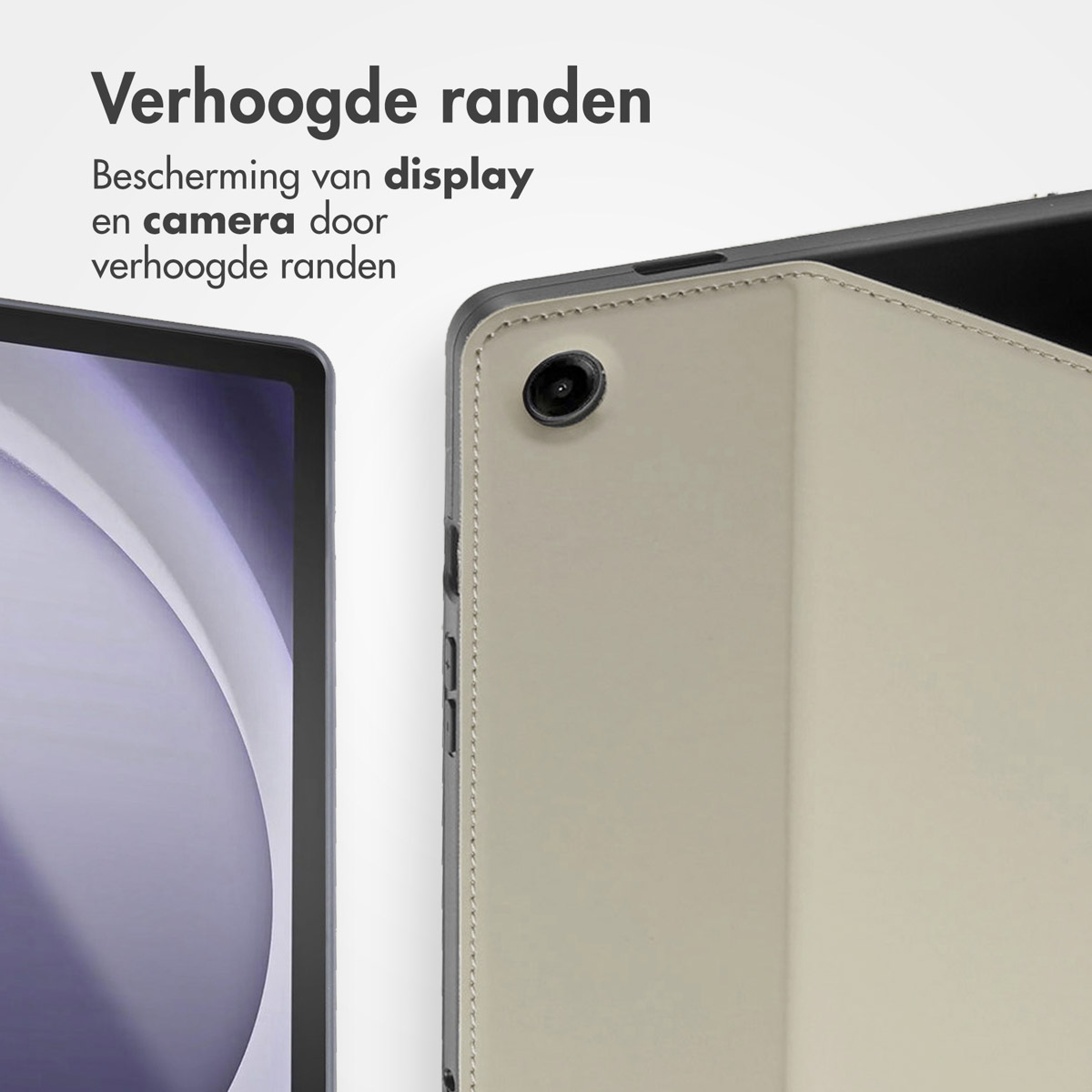 A tablet with a protective cover, showcasing raised edges for display and camera protection.