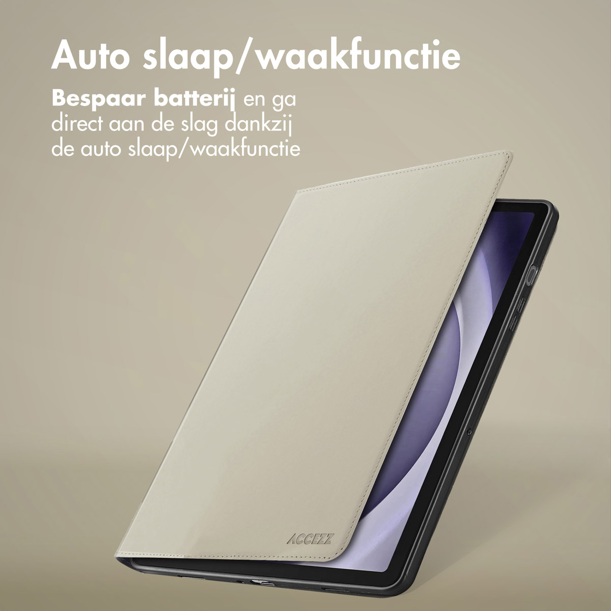 Beige tablet case, open, showing the tablet inside. Text: 'Auto sleep/wake function'.