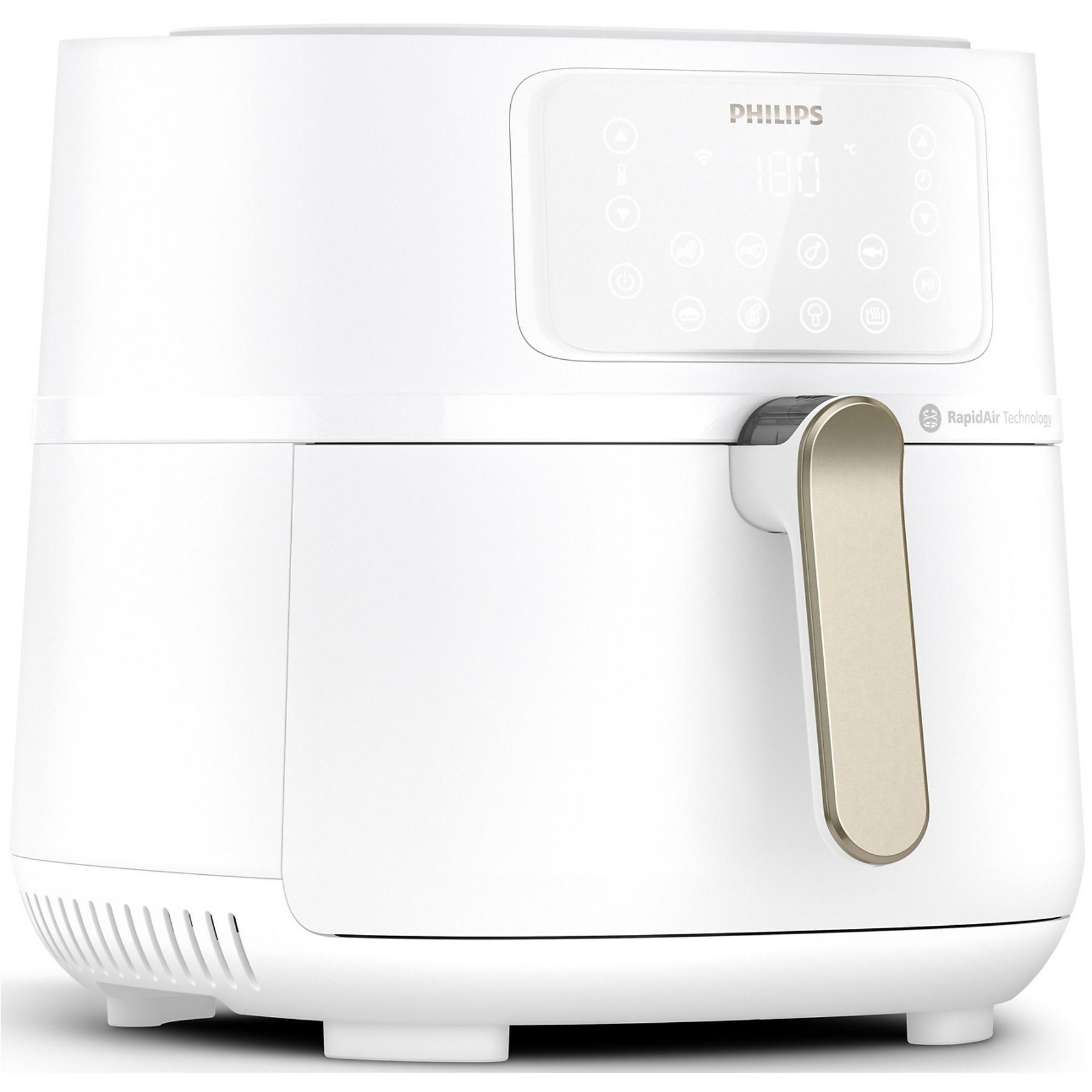 Friteuse à air Philips blanche, avec affichage numérique indiquant 180 degrés et poignée dorée.