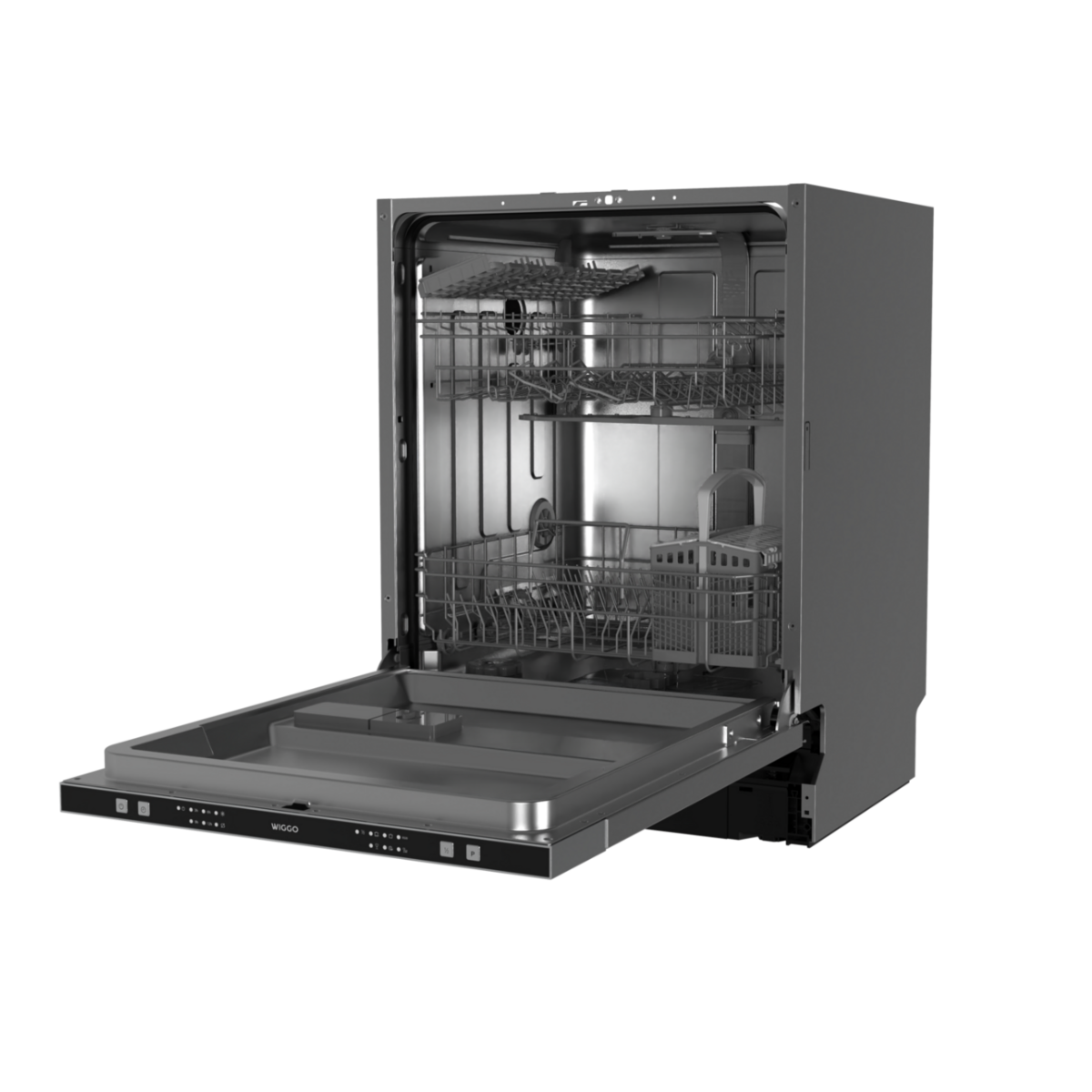 Dishwasher, open door, grey color. Interior racks visible. Black lower panel with buttons. Black background.