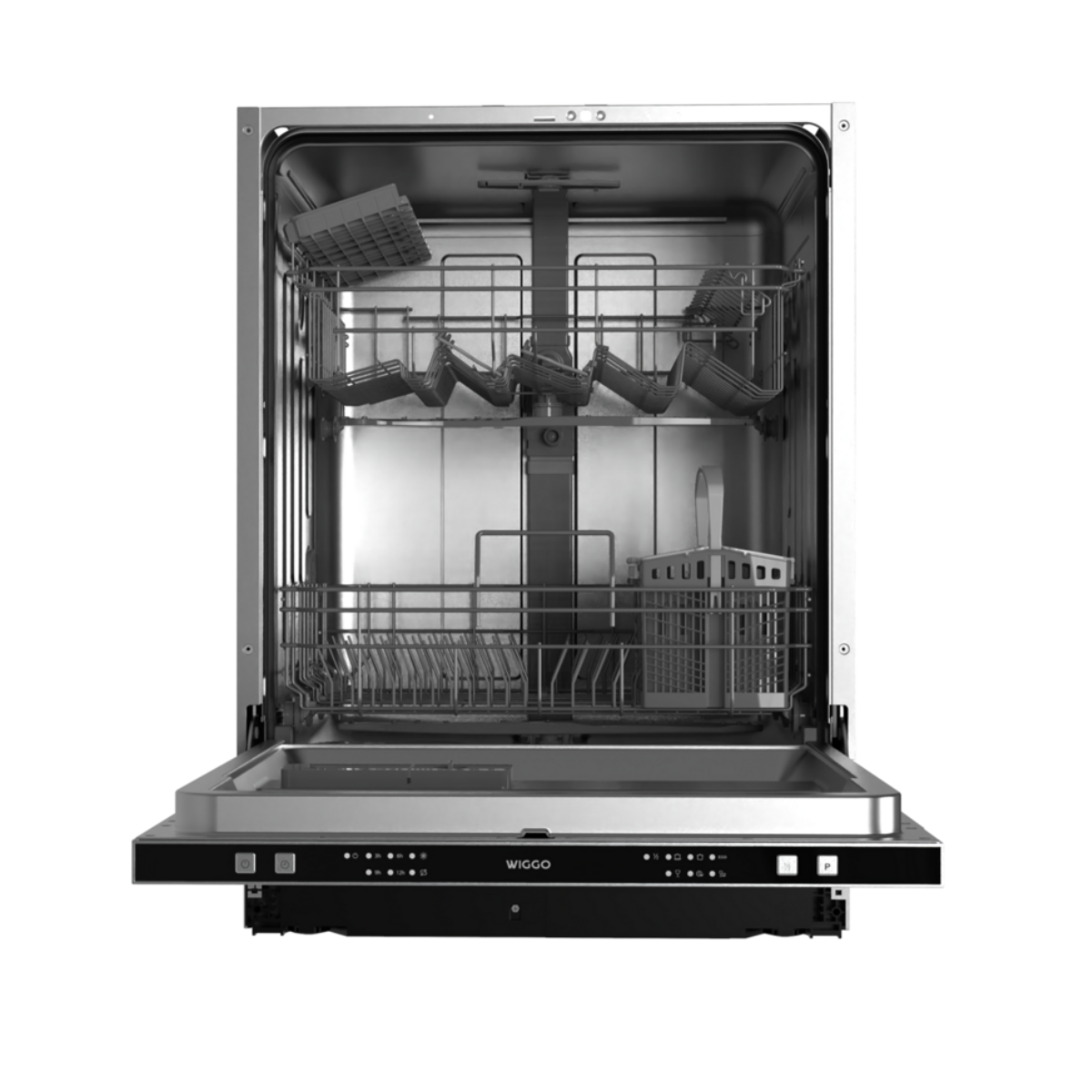 An open dishwasher with racks and utensils visible. The control panel is at the bottom.