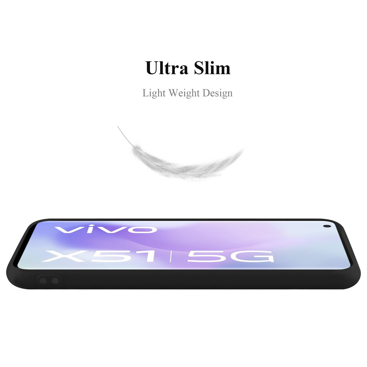Custodia per telefono nera con protezione schermo. Testo: Ultra Slim, Light Weight Design e Vivo X51 5G.