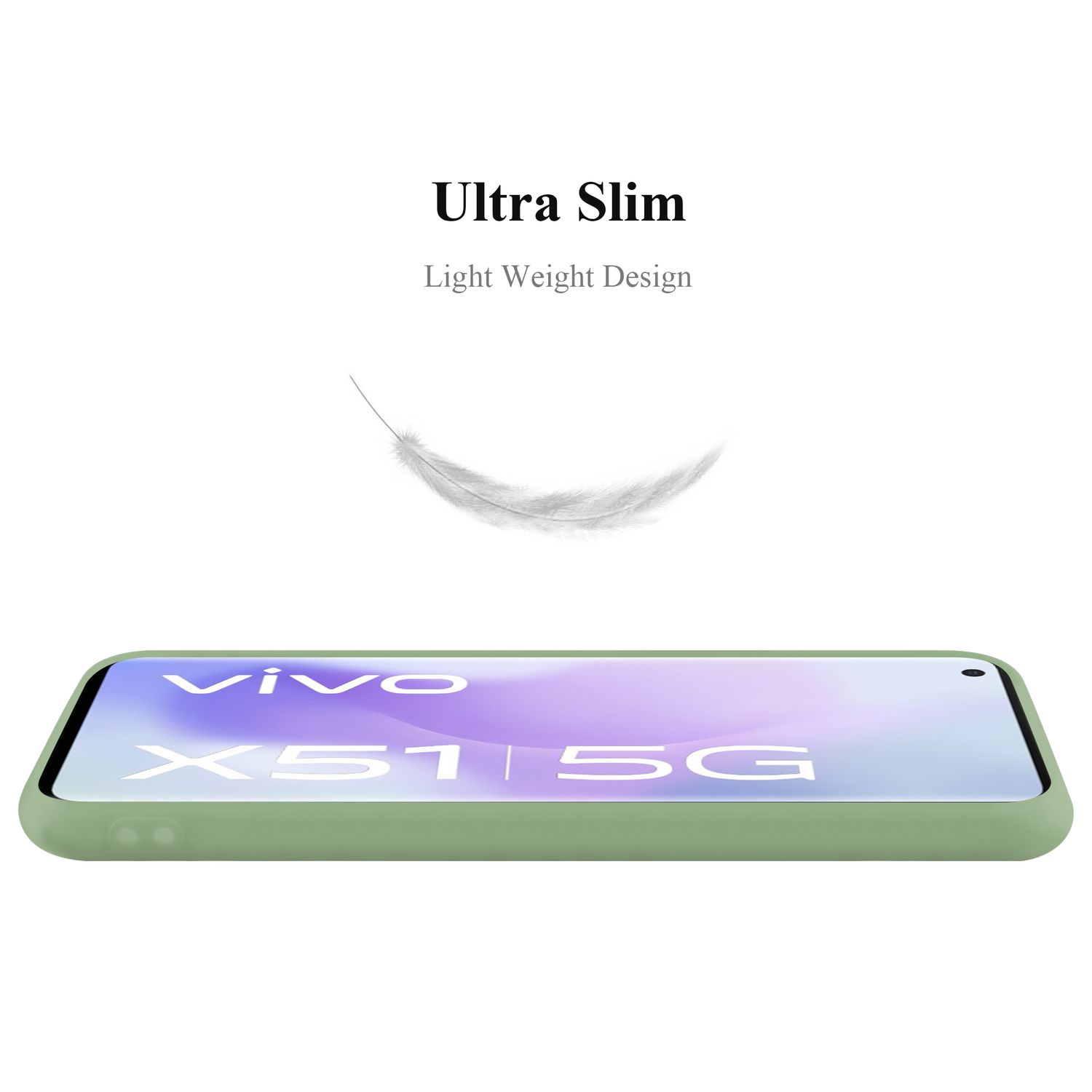 Una custodia verde per telefono con la scritta 'vivo X51 5G' sul retro, con una piuma.