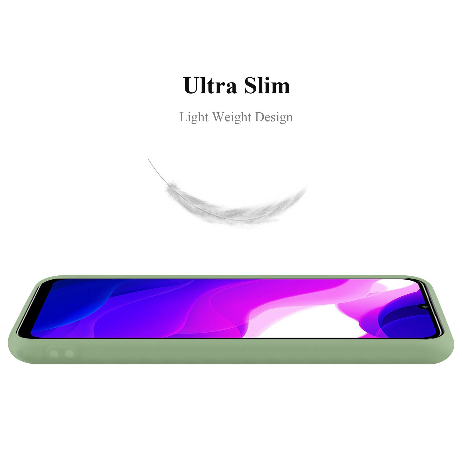 Una custodia per telefono verde chiaro con una grafica di piuma bianca e le parole 'Ultra Slim'.