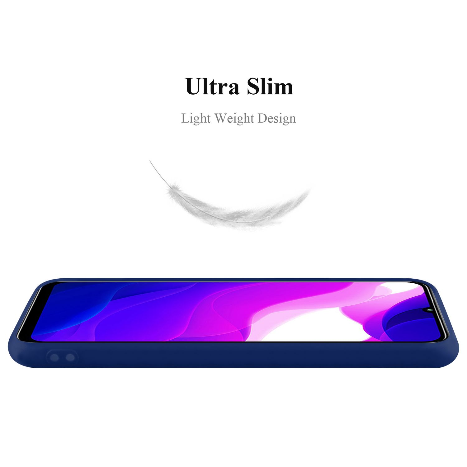 Una custodia blu per telefono con il testo 'Ultra Slim, Light Weight Design' e una piuma.