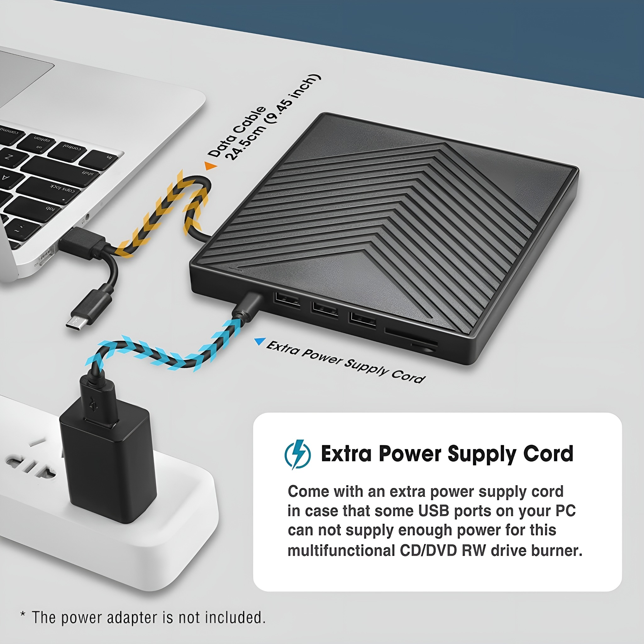 Schwarzes Gerät, verbunden mit Laptop und Steckdose mit Datenkabeln. Text sagt 'Extra Power Supply Cord'.