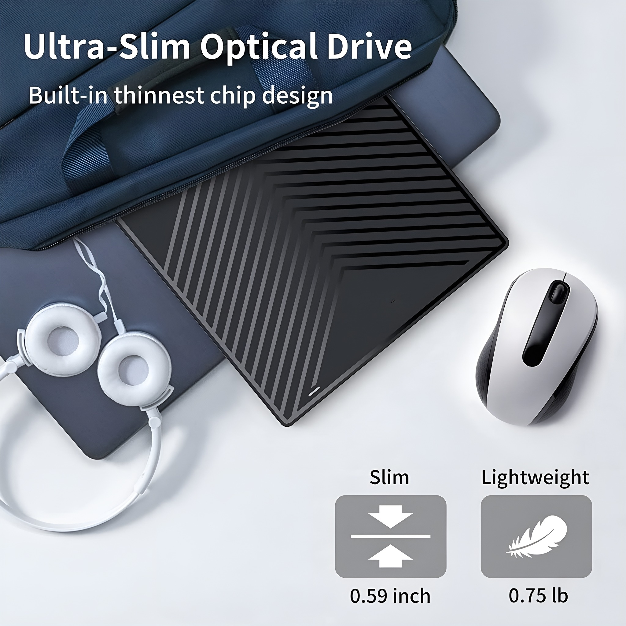 Ein optisches Laufwerk, Kopfhörer und Maus. Der Text lautet 'Ultra-Slim Optical Drive' und 'Lightweight'.