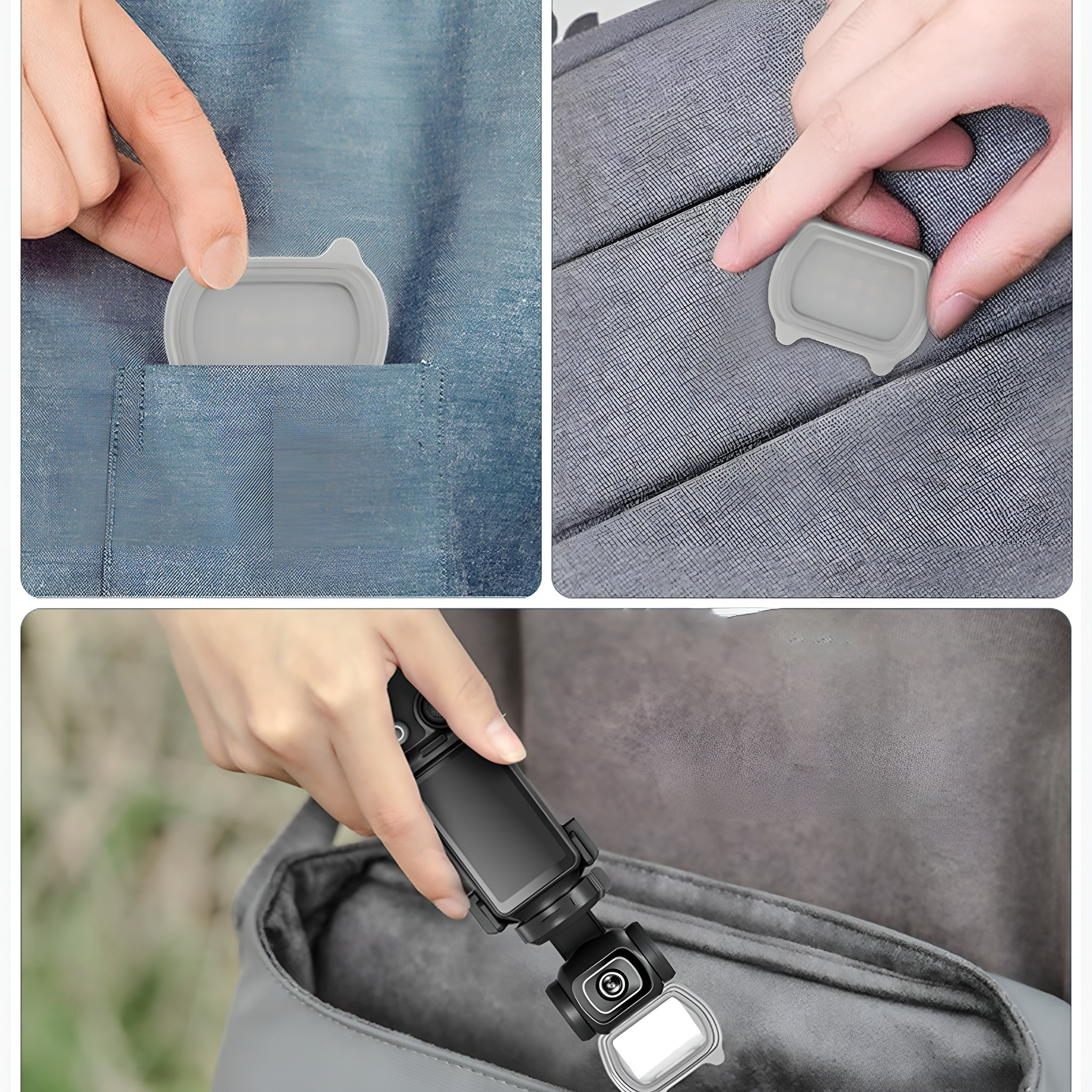 Graue Tasche, in die ein kleines Objekt gelegt wird, und ein schwarzes Gerät.