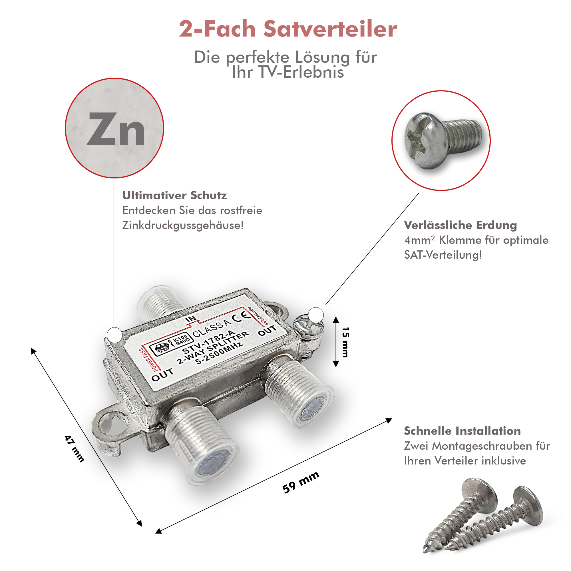 Ein 2-Wege-Satellitensplitter mit Abmessungen, Schrauben und Textbeschriftungen.