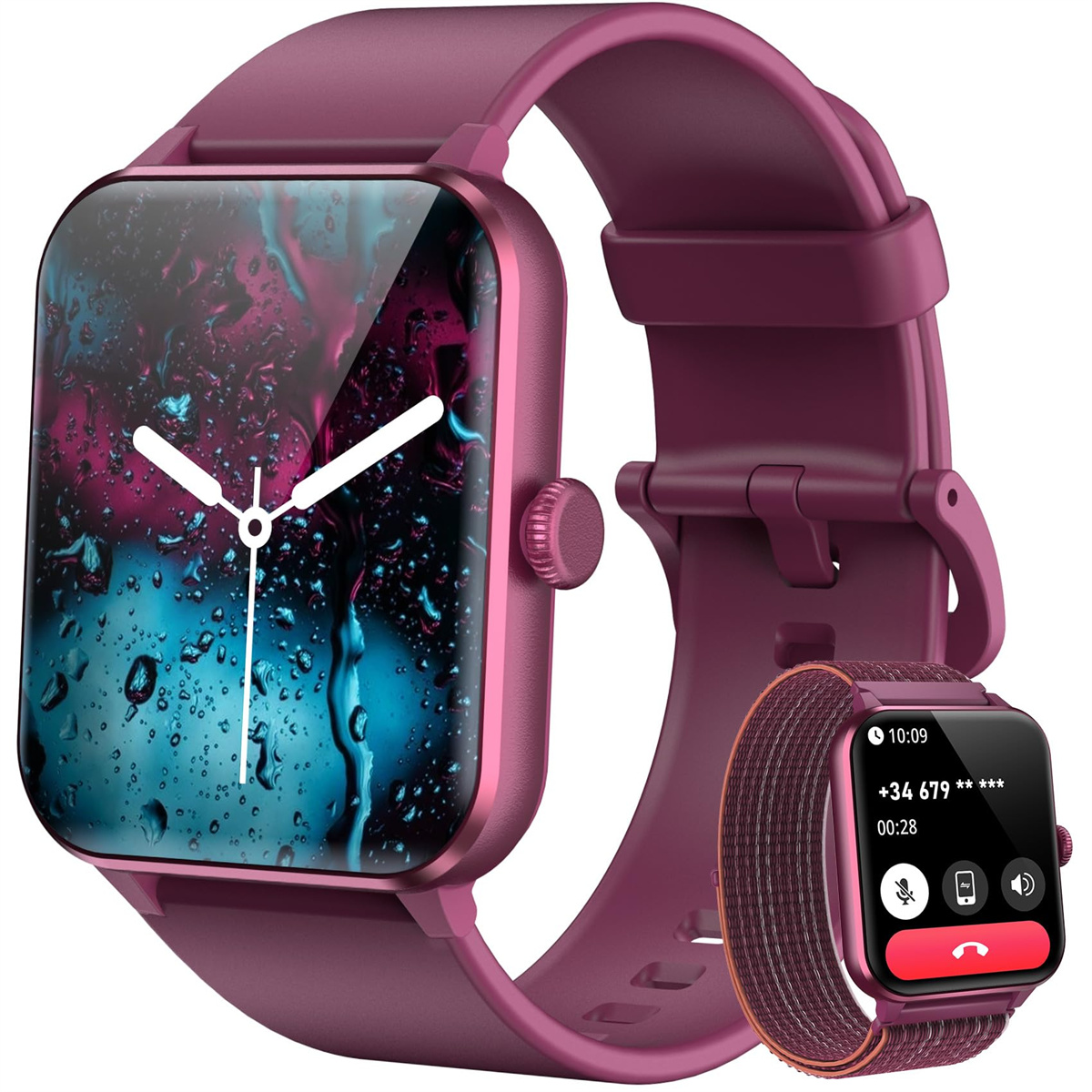 Eine Smartwatch mit burgunderfarbenem Armband. Eine zweite kleinere Uhr mit Anrufschnittstelle rechts.