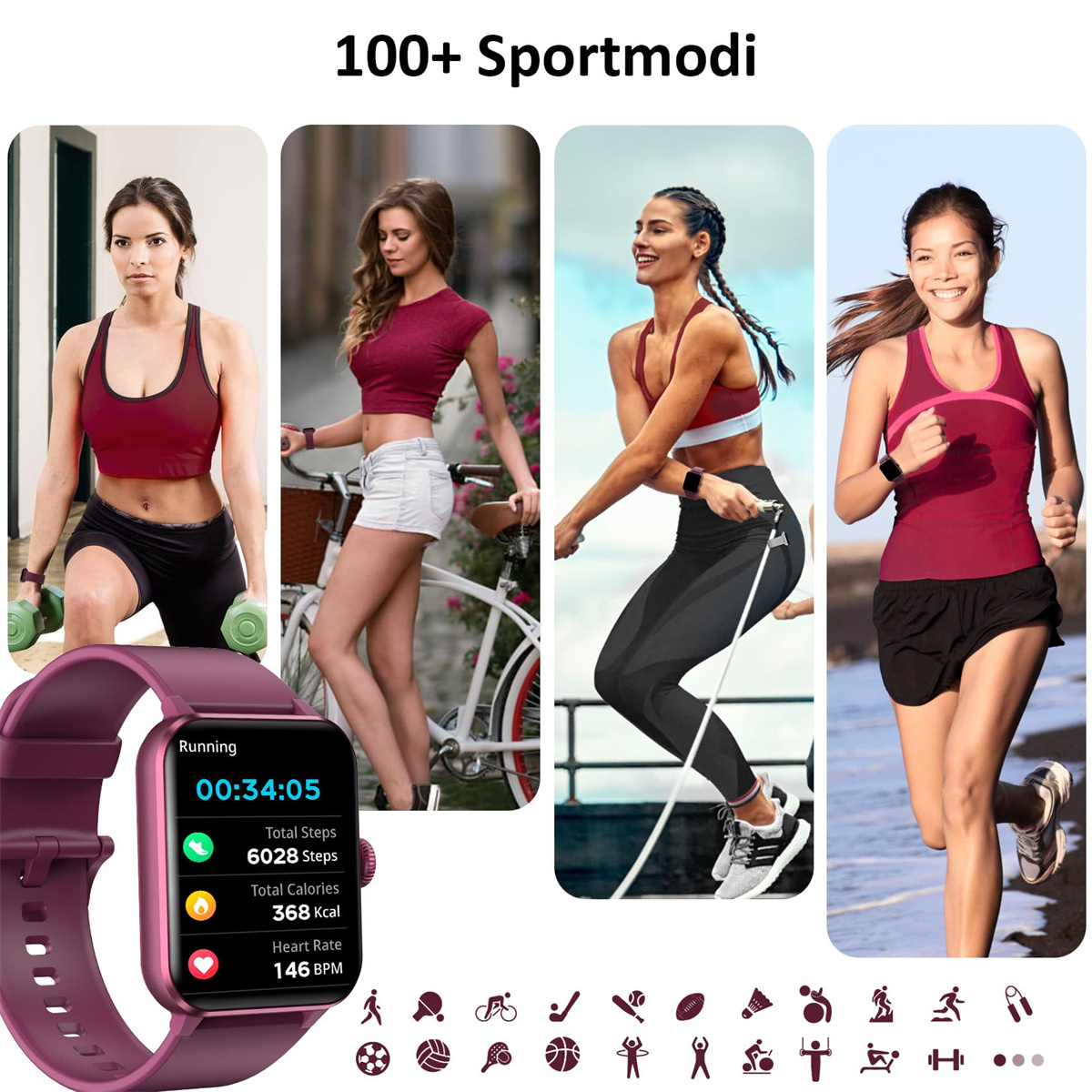 Das Bild zeigt eine Smartwatch und vier Frauen in verschiedenen sportlichen Posen, die Sportmodi bewerben.