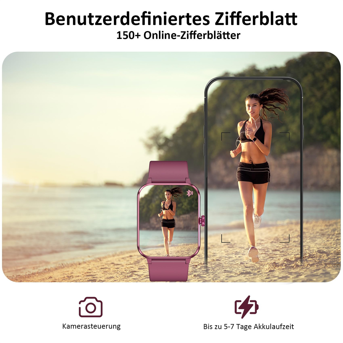 Smartwatch mit einer Frau, die am Strand läuft, und ein Telefonbildschirm zeigt eine Läuferin.