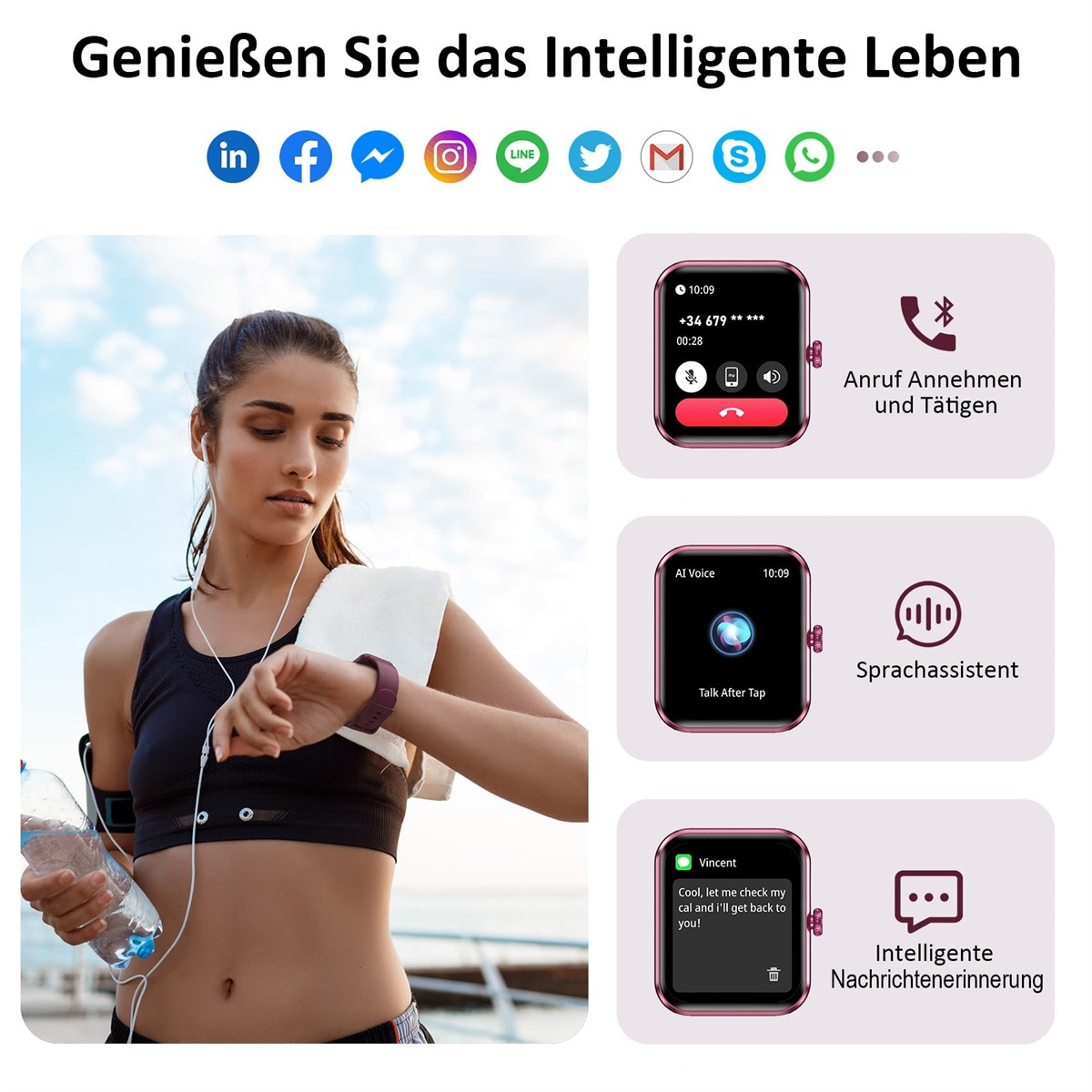 Frau, die eine Smartwatch betrachtet. Symbole für soziale Medien, Anrufe und Nachrichten werden angezeigt.