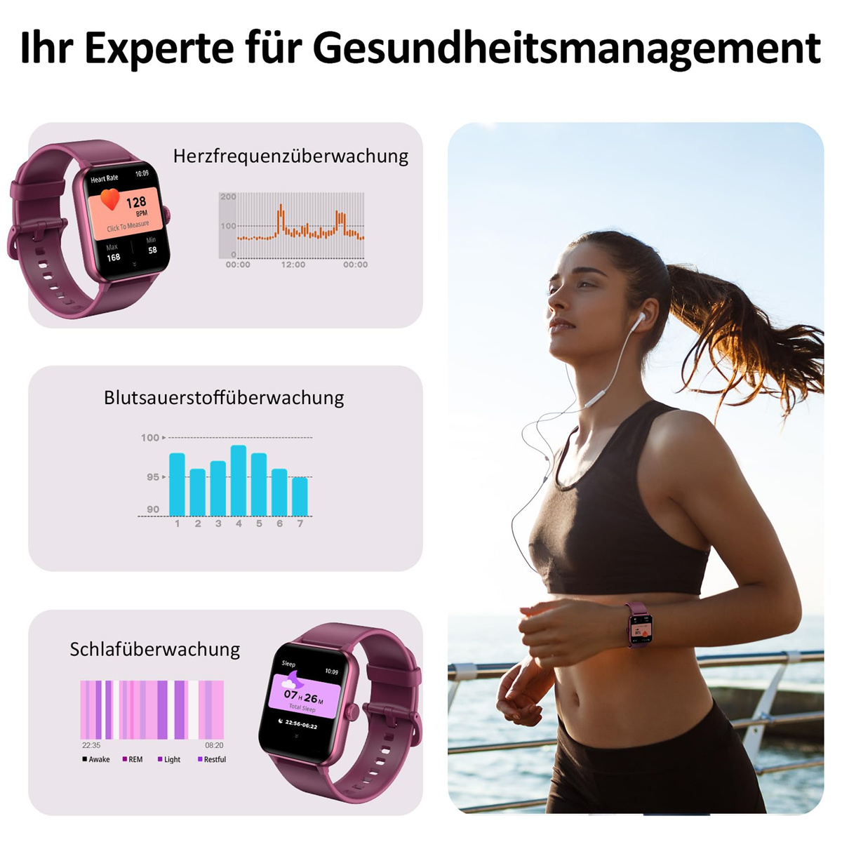 Frau läuft mit Smartwatch, mit Gesundheitsdaten-Grafiken. Diagramme zeigen Herzfrequenz, Blutsauerstoff und Schlaf.