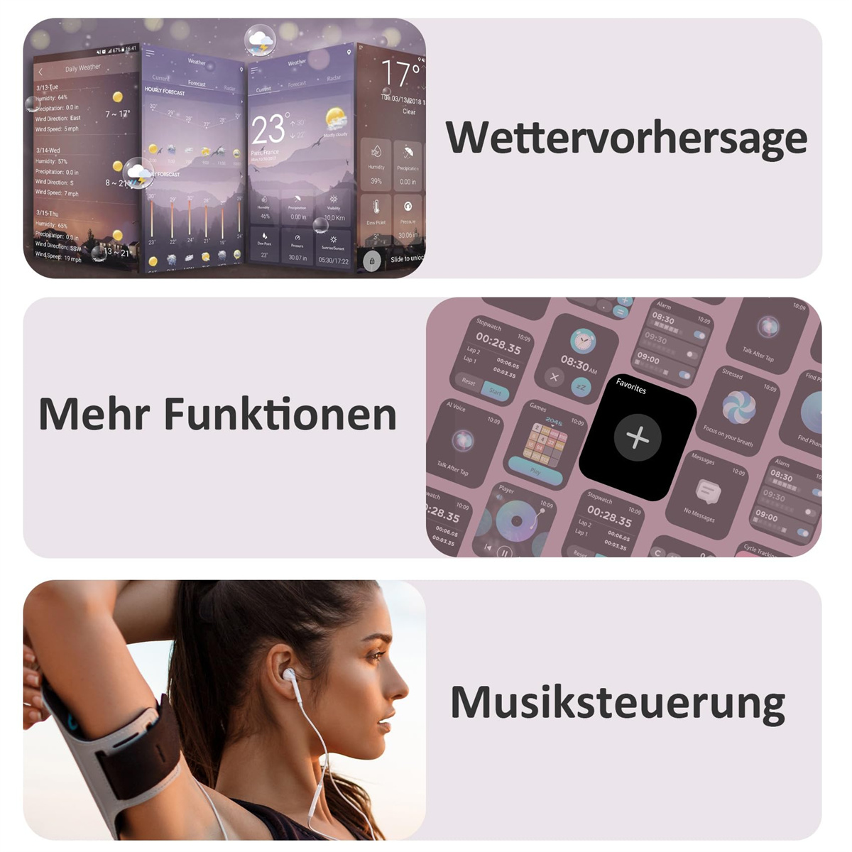 Screenshots einer Wetter-App, eines Kalenders mit Optionen und einer Frau mit Ohrhörern.