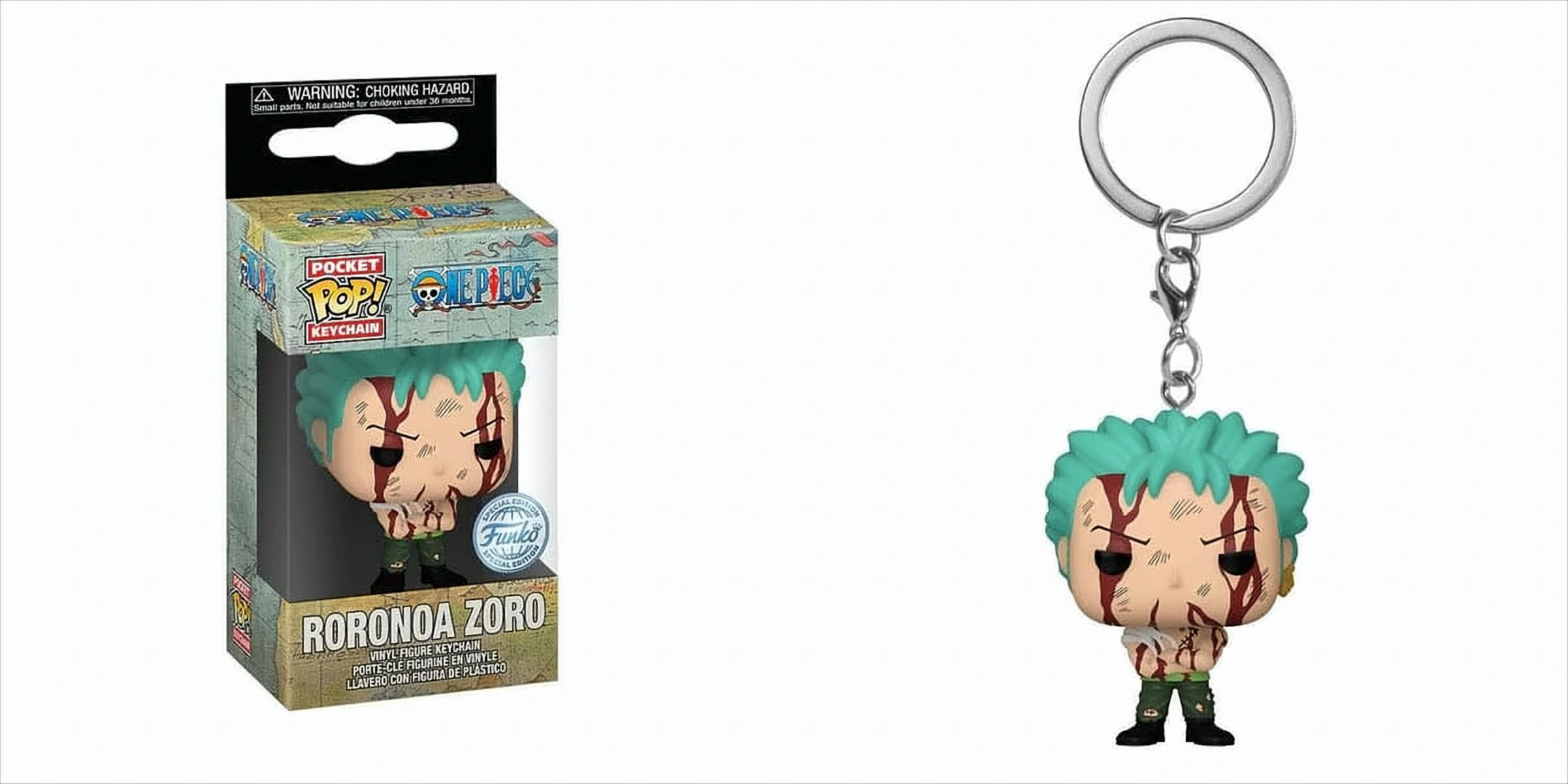 Roronoa Zoro Schlüsselanhängerfigur in einer Box. Die Figur hat grüne Haare, Narben und ein Schwert.