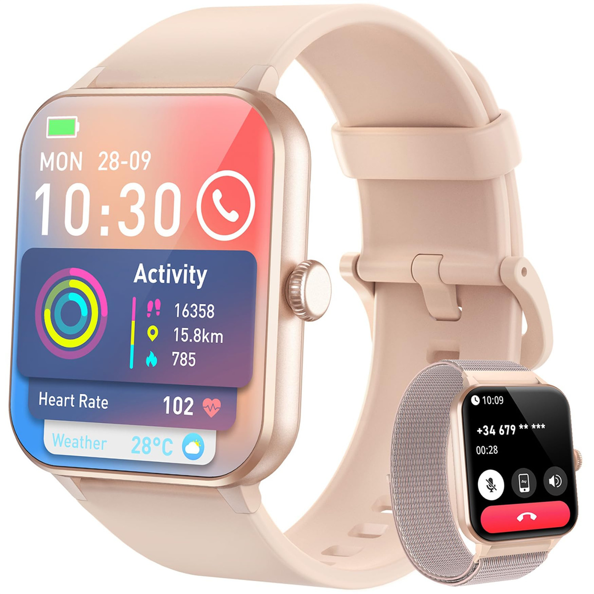 Smartwatch mit hellrosa Armband, zeigt Zeit und Fitnessdaten. Eine andere Uhr zeigt einen Anruf. Weißer Hintergrund.