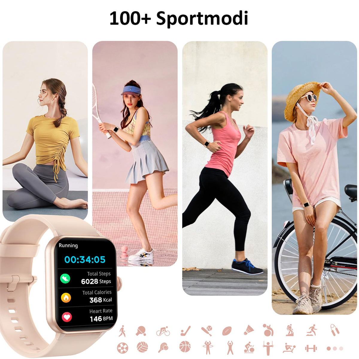 Verschiedene Personen, die mit einer Smartwatch trainieren, die Metriken wie Zeit, Schritte, Kalorien und Herzfrequenz anzeigt.