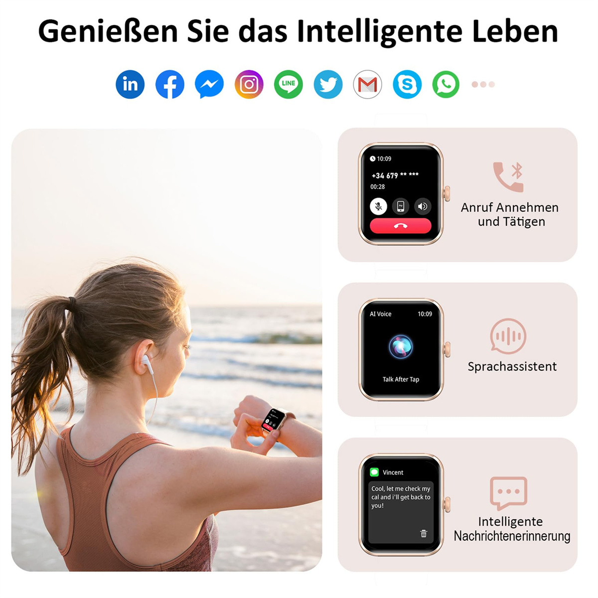 Frau mit Smartwatch, Symbole für Anruf, Sprachassistent und Benachrichtigungen werden angezeigt.