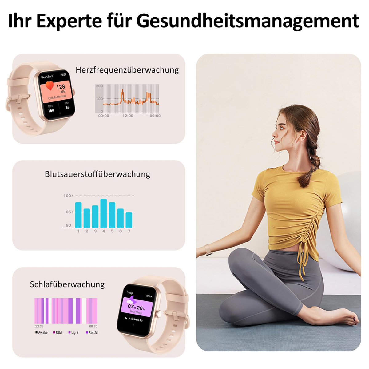 Frau mit Smartwatch, mit Diagrammen und Überwachungsdaten, die in einem Raum trainiert.