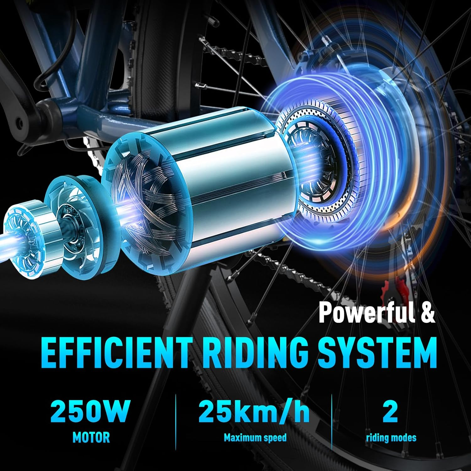 Ein Elektromotor mit Text über effizientes Fahren, 250W Motor und 25km/h Geschwindigkeit.
